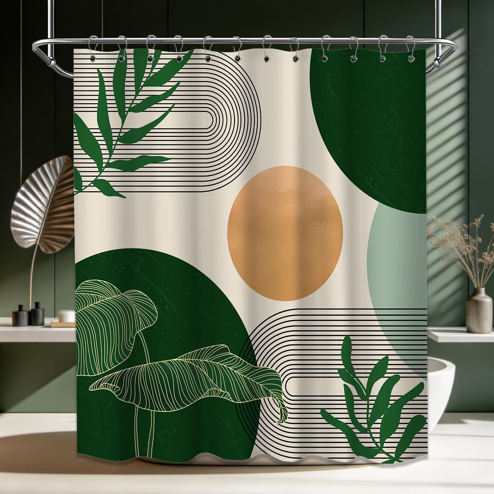Keeuy Dark Green Mid Century Modern Shower Curtain Olive Green Emerald Shower Curtains For Bathroom Decor Boho Mcm Neutral Bath 