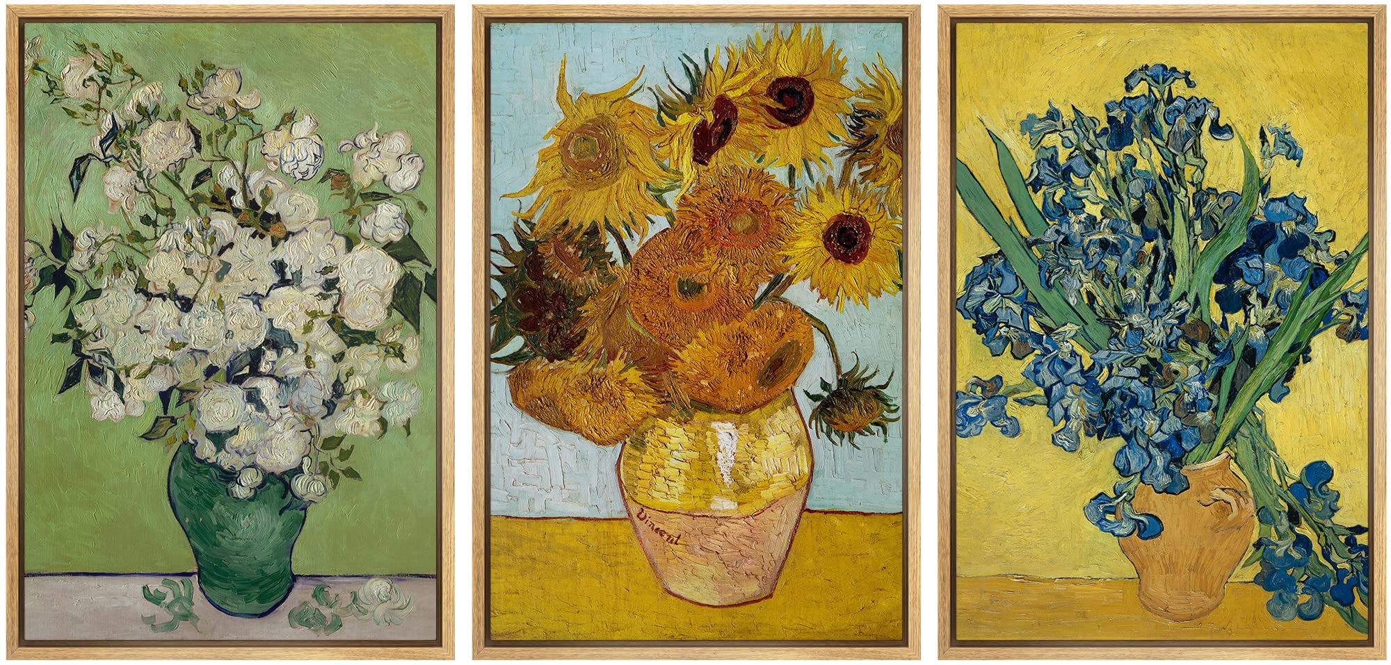 Wall26 Framed Canvas Print Wall Art Set Poppy, Sunflower, Iris Flower Trio Vincent Van Gogh Classical Illustrations Fine Art Dec