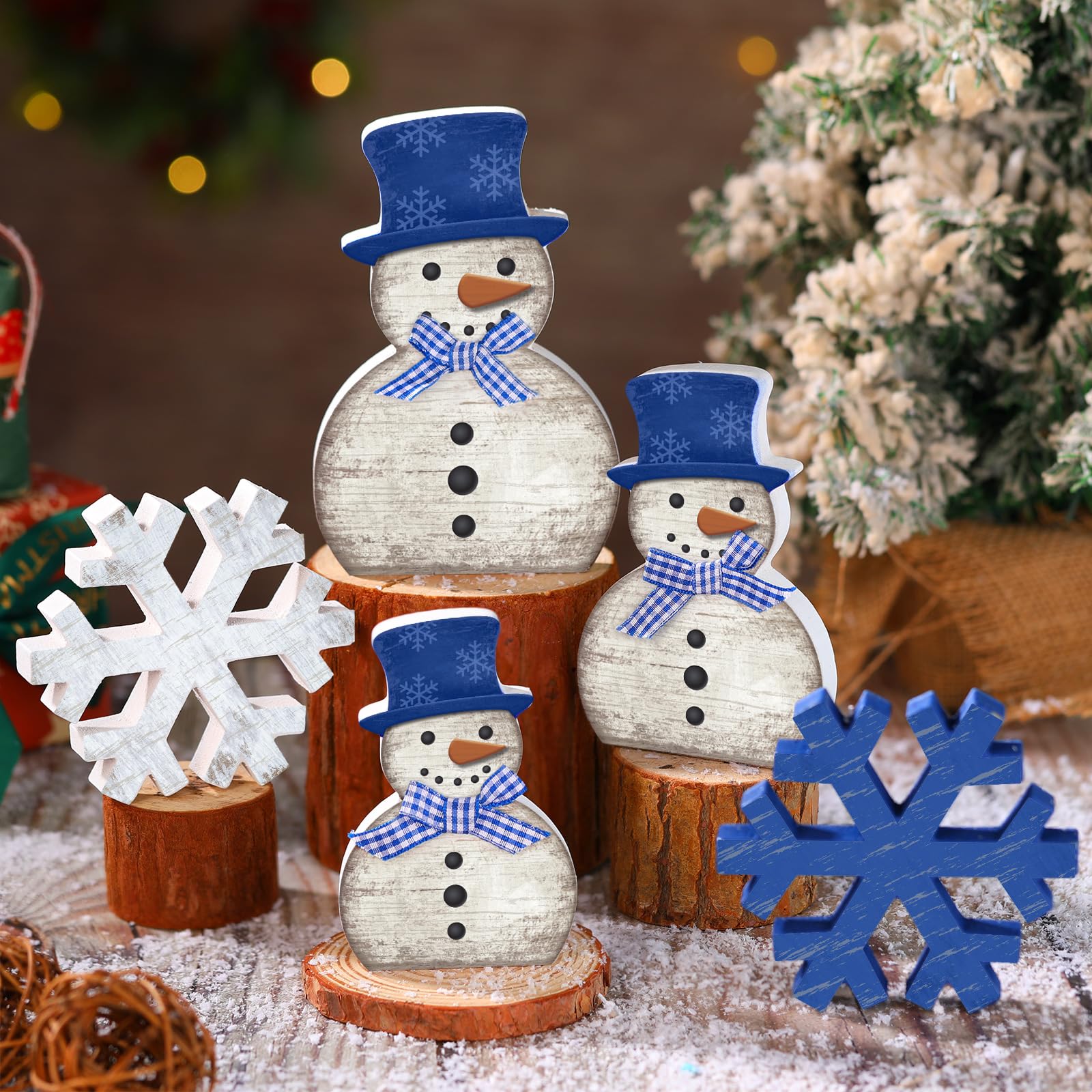 Yousoontic 5 Pcs Snowman Christmas Table Decor Winter Decorations for Home Blue White Snowman Snowflake Tiered Tray Decor Christ
