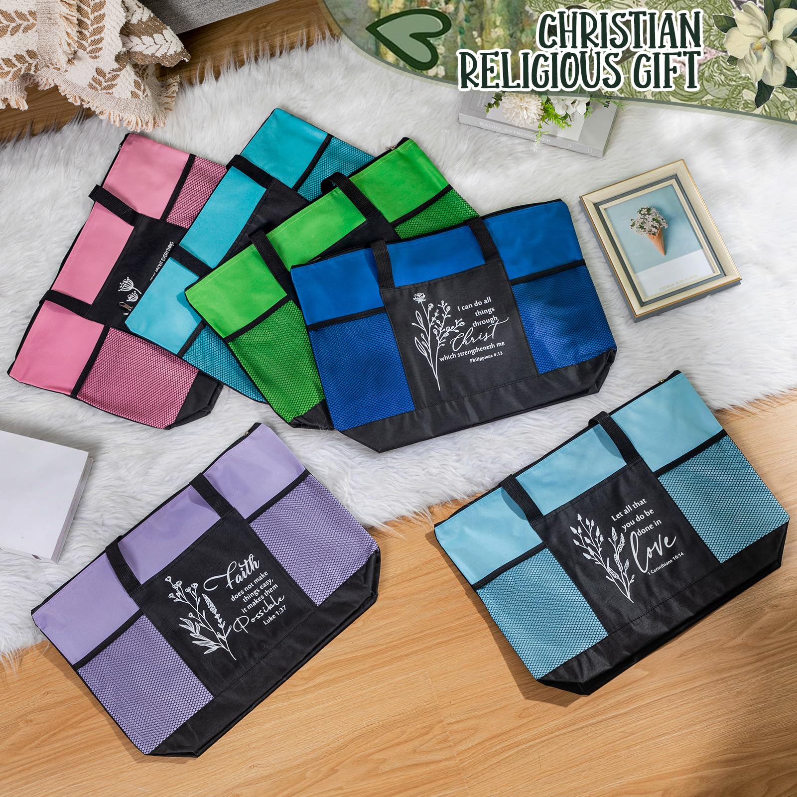 Aliceset 6 Pcs Bible Tote Bags for Women Bulk Christian Gift Bag with Zipper Mesh Pocket Religious Tote for Thanksgiving Christm