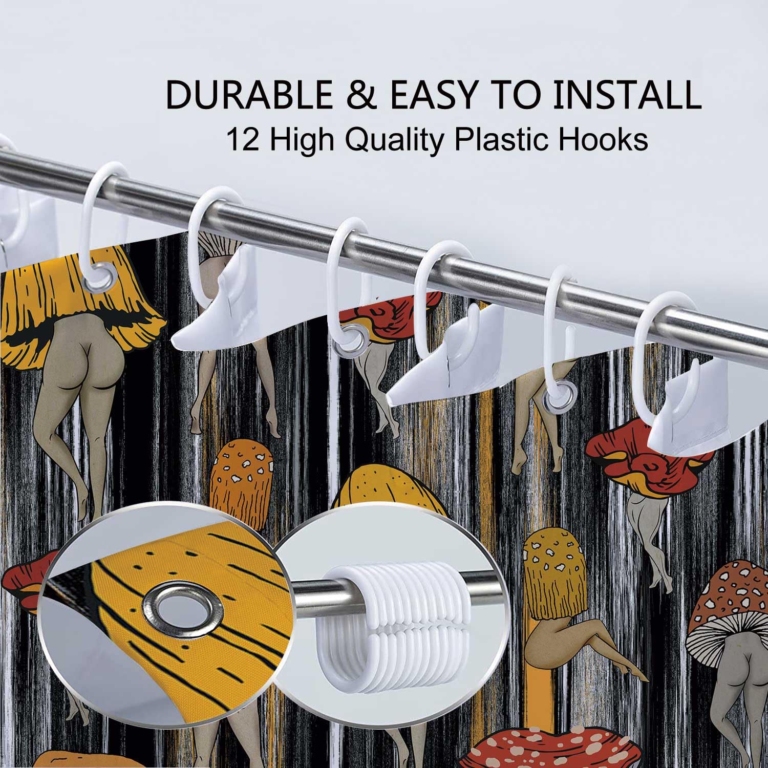 Lacoiime Funny Mushroom Shower Curtain, Cool Black Gold Gray Mushrooms Butt Shower Curtains For Bathroom Cute Fabric 70S Hippie