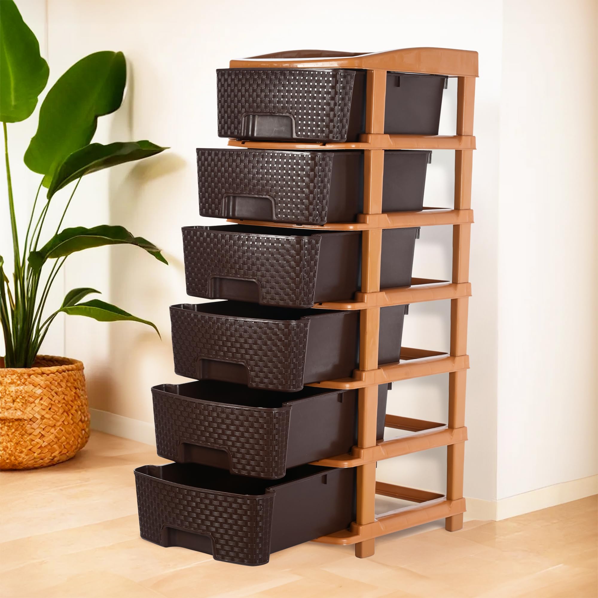 Kuber Industries 6Layer & 63 Ltr Plastic Drawer Storage Organiser | Modular Kitchen & Toy Organizer For Kids Room | Chocolate B