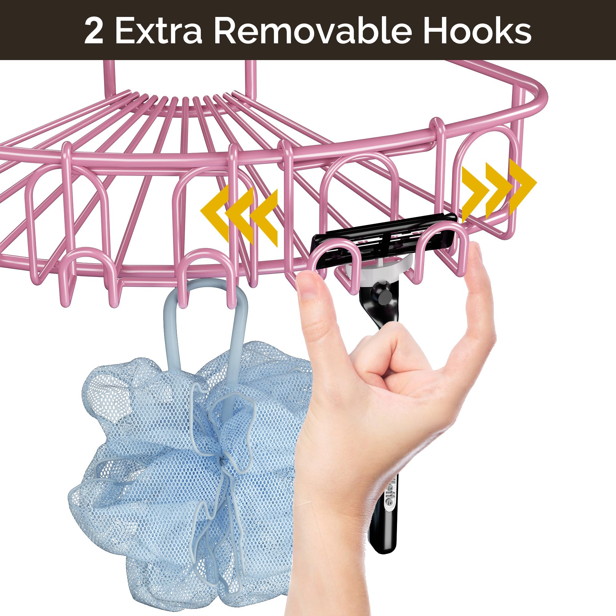 Orimade Corner Shower Caddy With 2 Hooks Wall Mounted Metal Bathroom Shelf Storage Organizer Adhesive No Drilling 2 Pack, Pink O