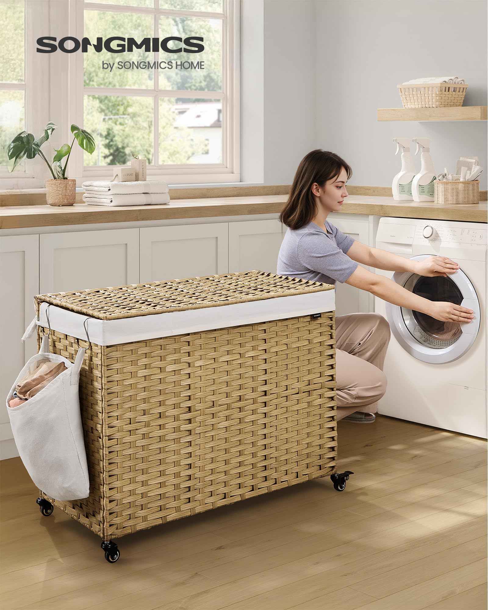 Songmics Laundry Hamper With Lid, 55.4 Gallons (210 L), Rolling Laundry Basket With Wheels, 4-Section Synthetic Rattan, Removabl