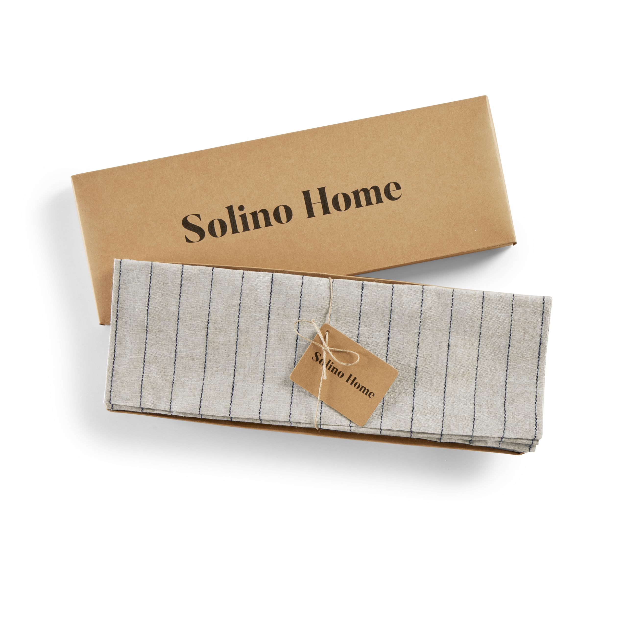 Solino Home Pinstripe Linen Placemats 19'' L X 14'' W Inch - 100% Pure Linen Light Natural And Black Cloth Placemats Set Of 4 -