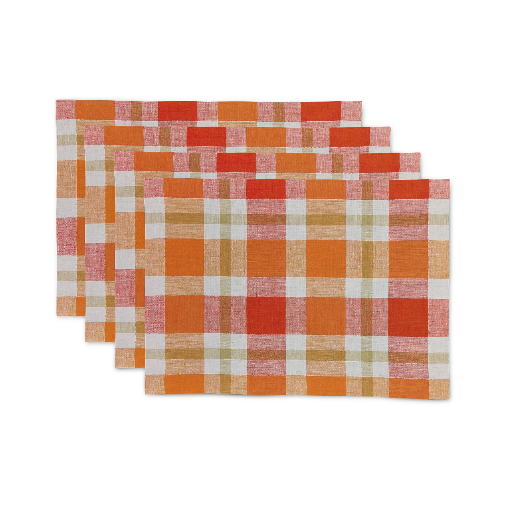 Solino Home Plaid Linen Placemats Set Of 4-100% Pure Linen Pumpkin Fall Buffalo Check Place Mats 14 X 19 Inch - Handcrafted And