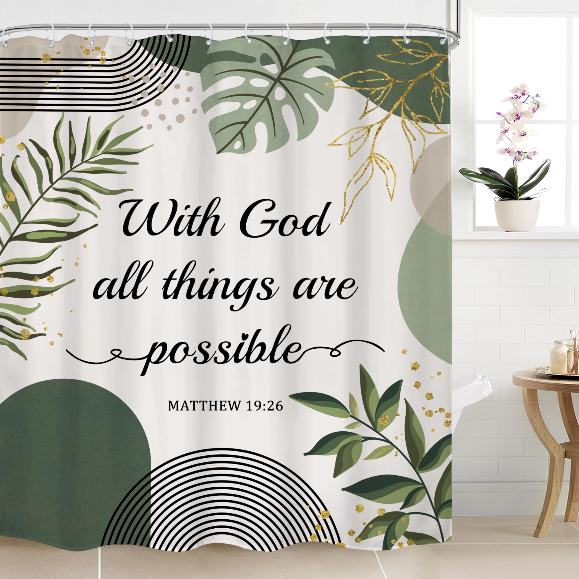 Mitpok Bible Verse Scriptures Christian Shower Curtain Sage Green Boho Mid Century Modern Abstract Quotes Gold Leaves 60Wx72H Ba
