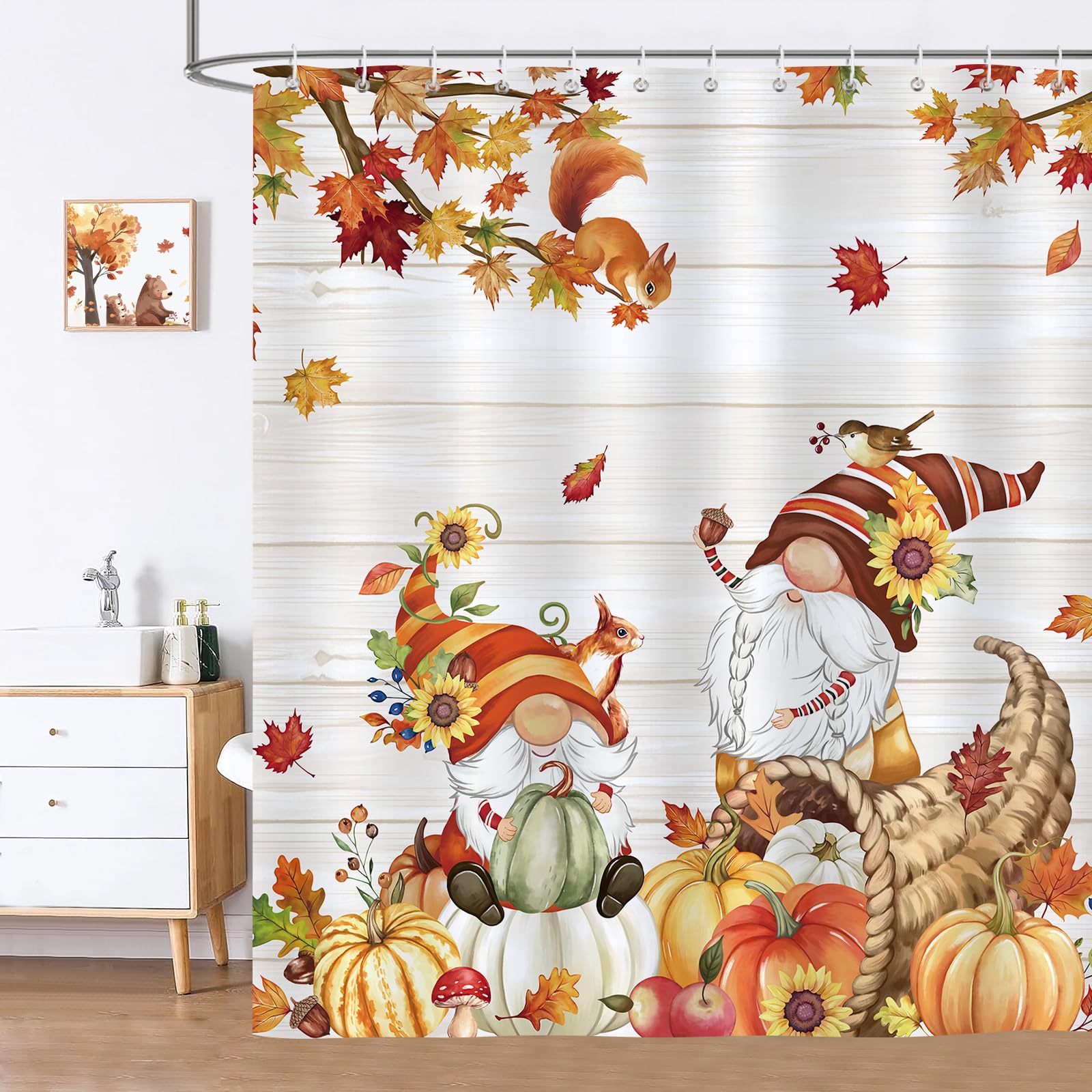 Bonhause Fall Gnome Shower Curtain, Thanksgiving Autumn Pumpkin Maple Leaves Farmhouse Bathroom Curtain 72X72 Inch Polyester Fab