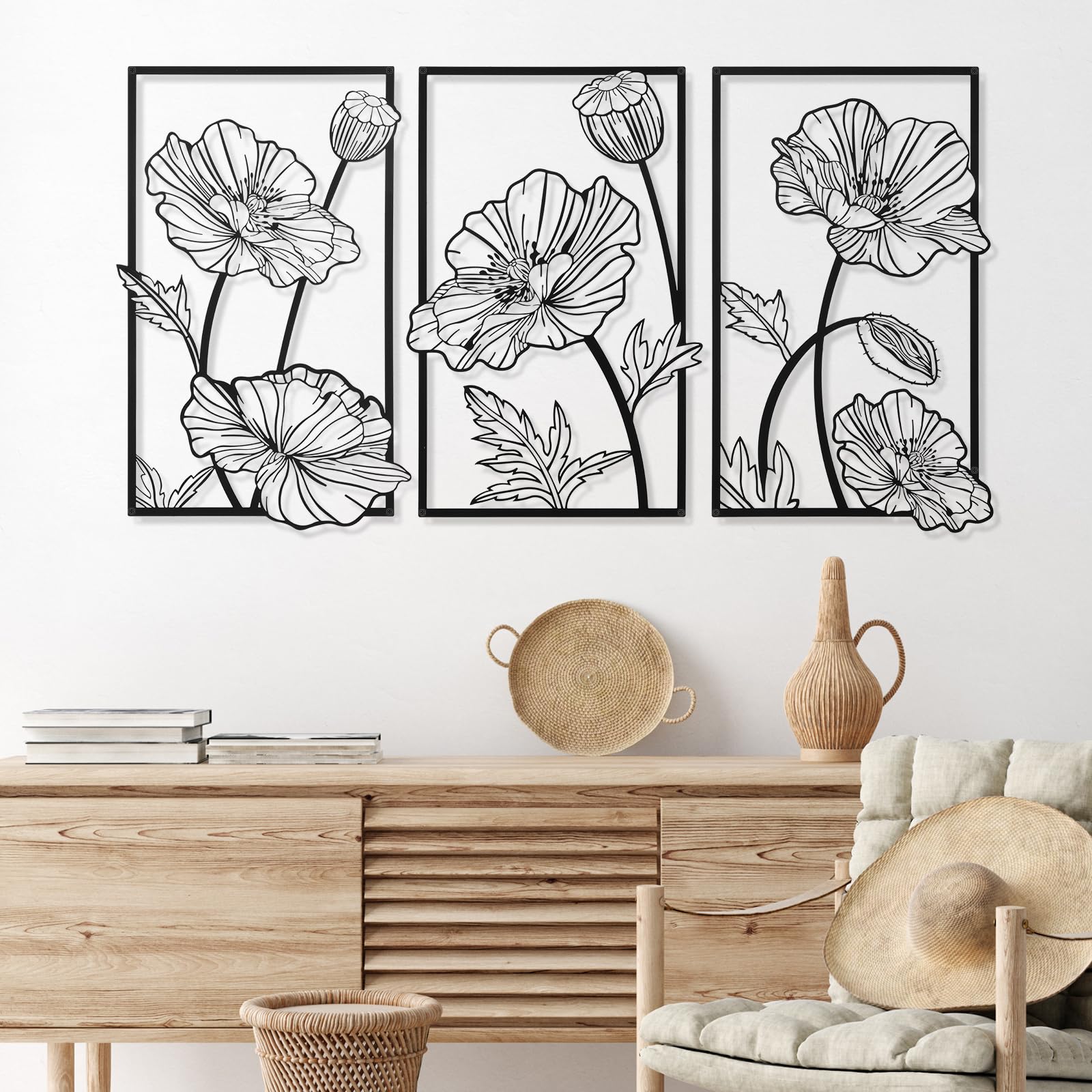 Therwen 3 Pcs Black Metal Wall Art Minimalist Wall Decor for Bedroom Flowers Wall Decor Hanging Flower Bathroom Wall Art Flower 