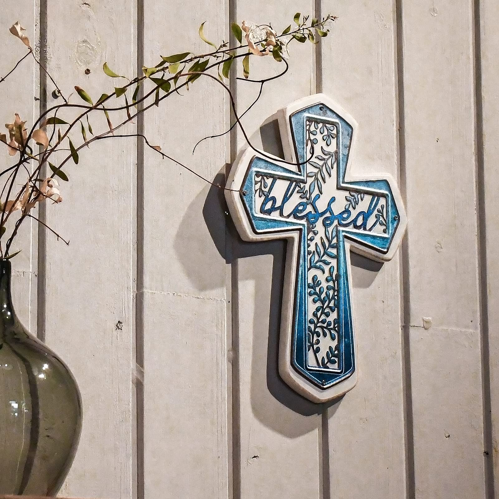 OKSQW 11 Wall Cross Handmade White Wood & Blue Iron Christians Spiritual Religious Cross with Hook Christmas Wall Hanging Cross