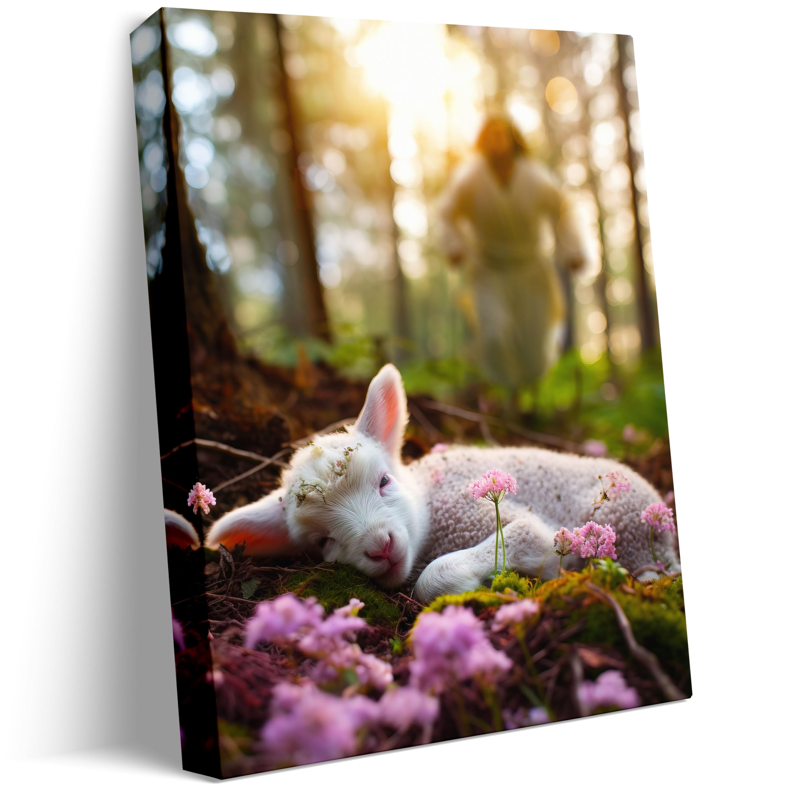 Jesus And Lamb Canvas Wall Art Jesus Runs For The Lost Sheep In Spring Forest Picture Wall Art Canvas Print Christian Home Decor