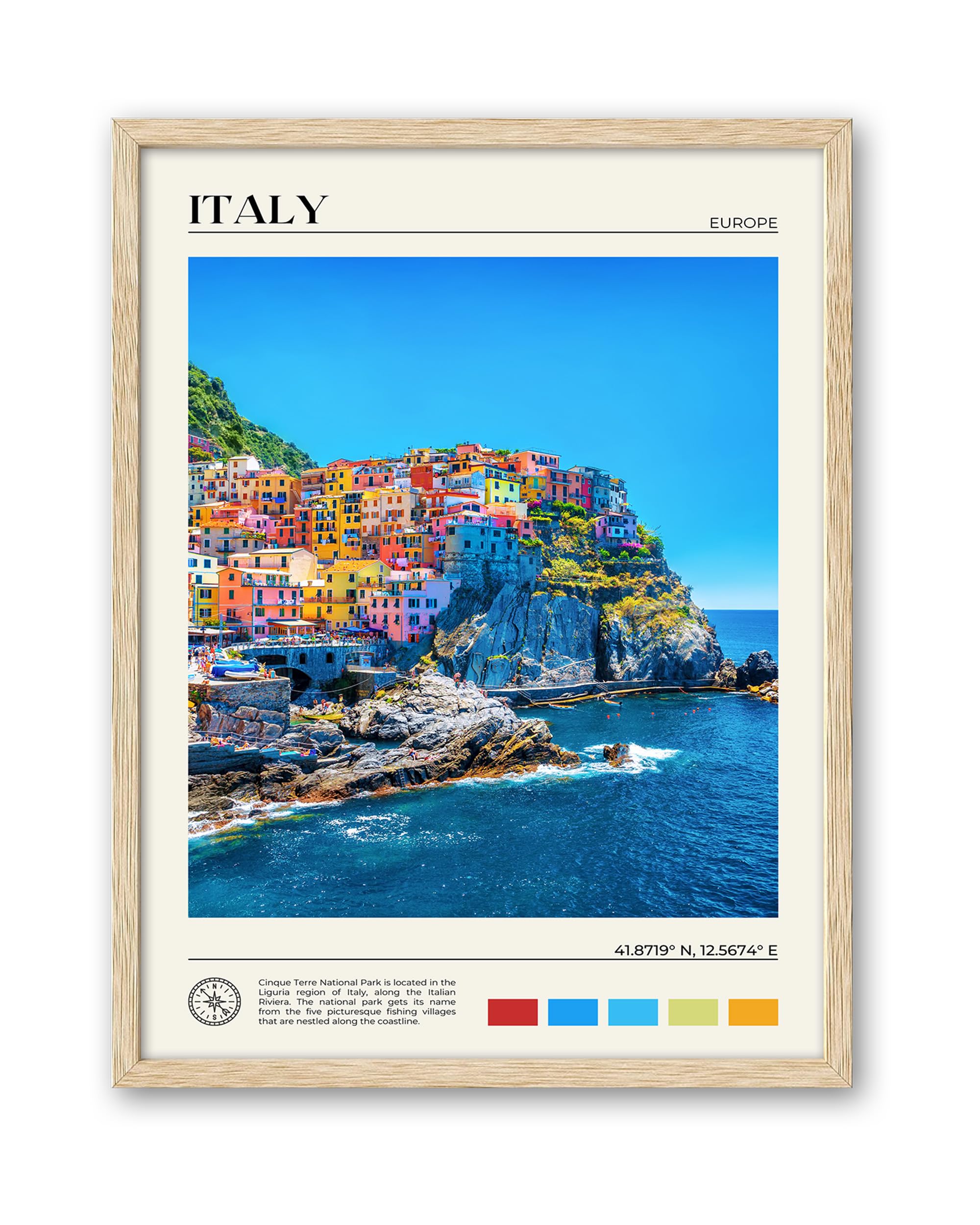 Hesendot Natural Oak Wood Framed Cinque Terre National Park Wall Art,12X16In Italian Natural Seascape Canvas Wall Print,Classic