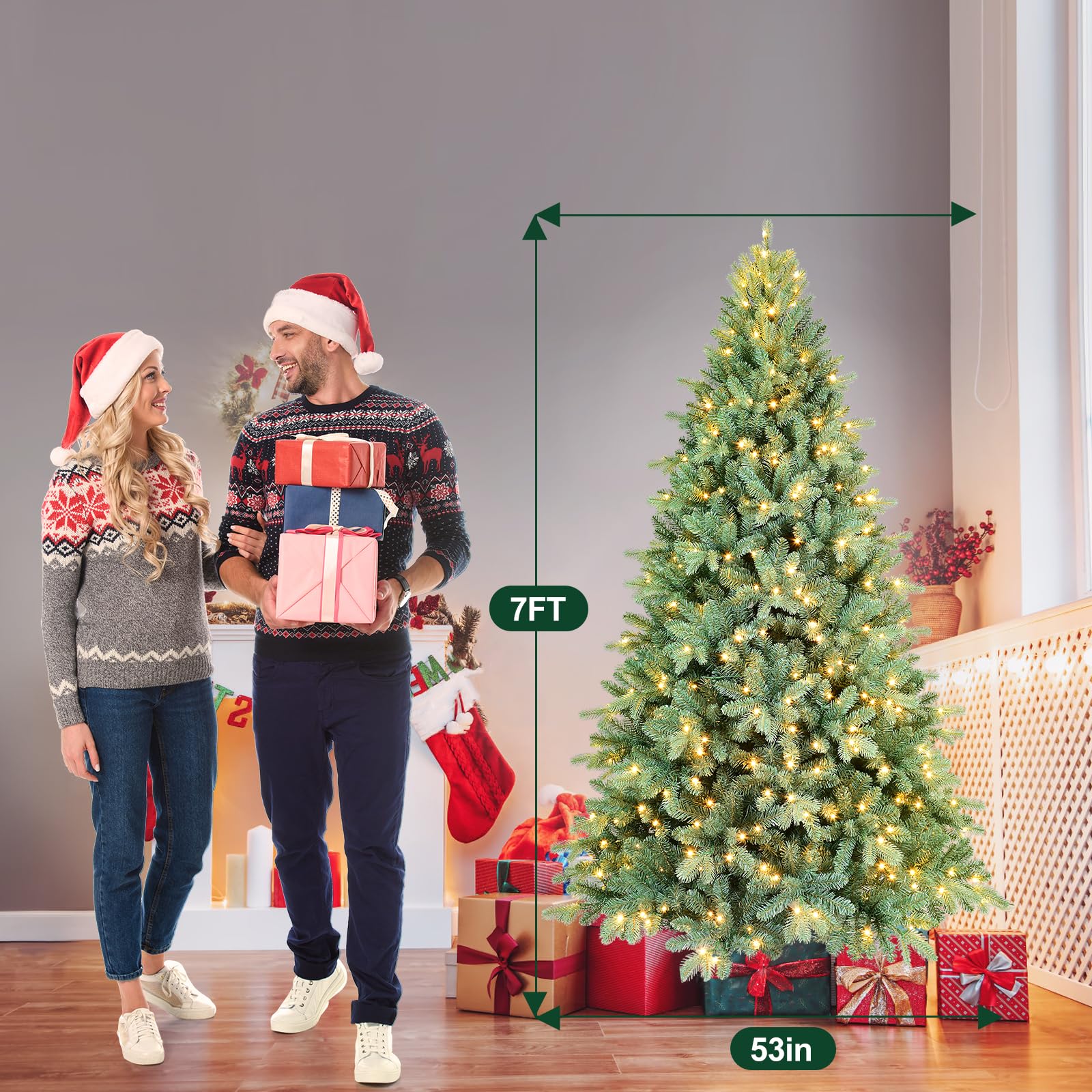 Bulexwish 7ft Prelit Artificial Christmas Tree, Blue Spruce Xmas Tree with Lights & Easy Setup Hinged Design, Realistic PE/PVC N