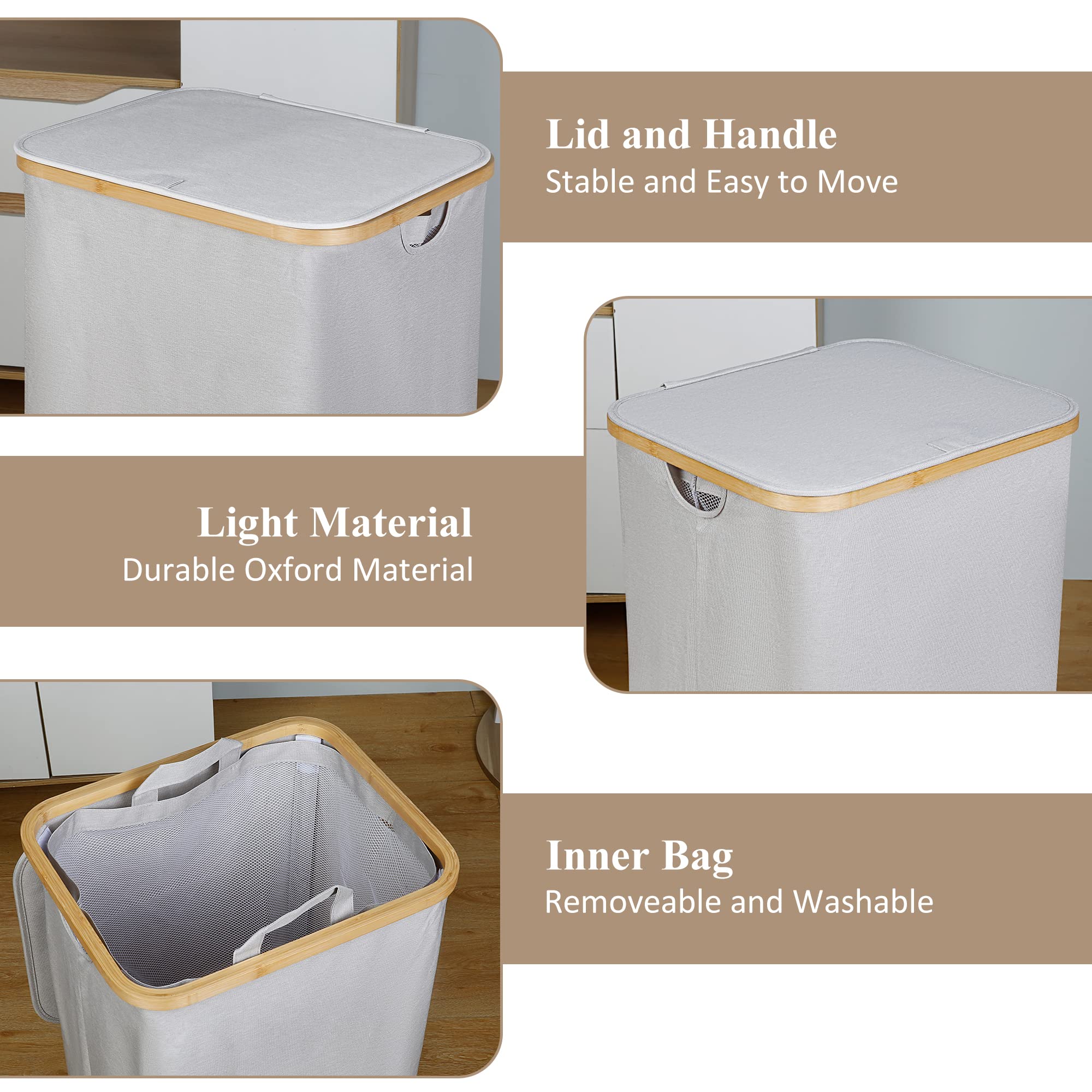 Iegrow Laundry Basket With Lid, 110L Laundry Hamper With Bamboo Handle,Clothes Basket Organizer With Removable Inner Bag For Clo