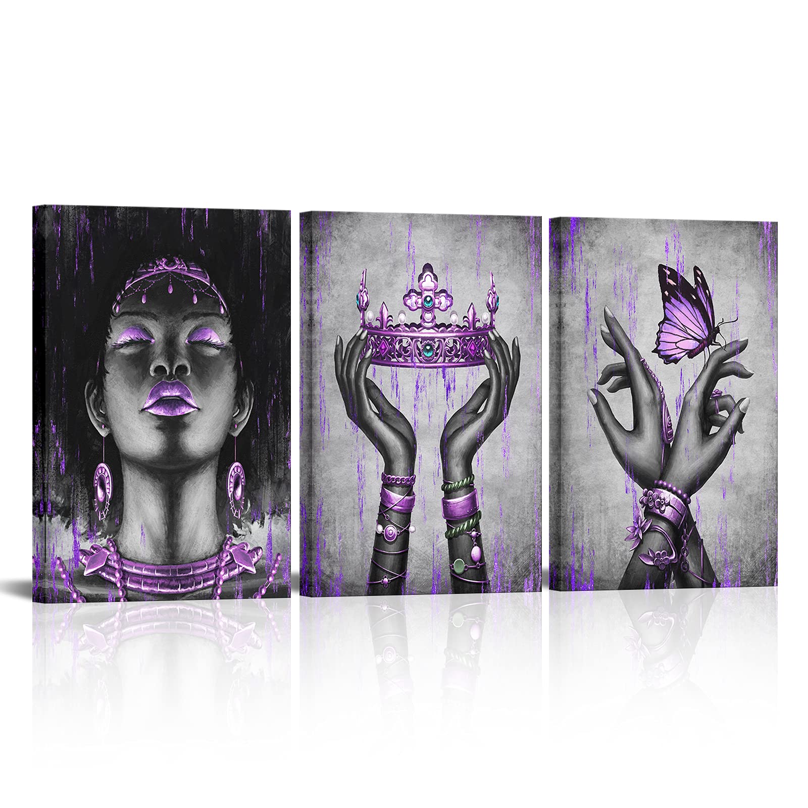 Kalormore Black American Woman Canvas Wall Art Giclee Prints Elegant Woman With Purple Queen Crown Butterfly Painting Picture Ar