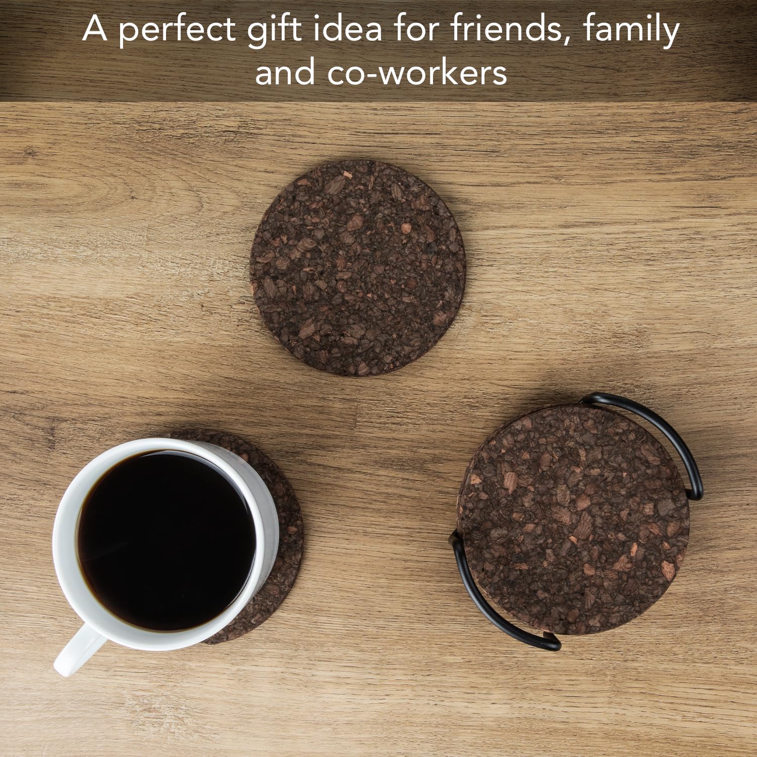 Thirstystone Set of 6 Thick Dark Cork Coasters in Attractive Black Coaster Holder 4.7'' Round Durable Absorbent Easily Wipes Clean