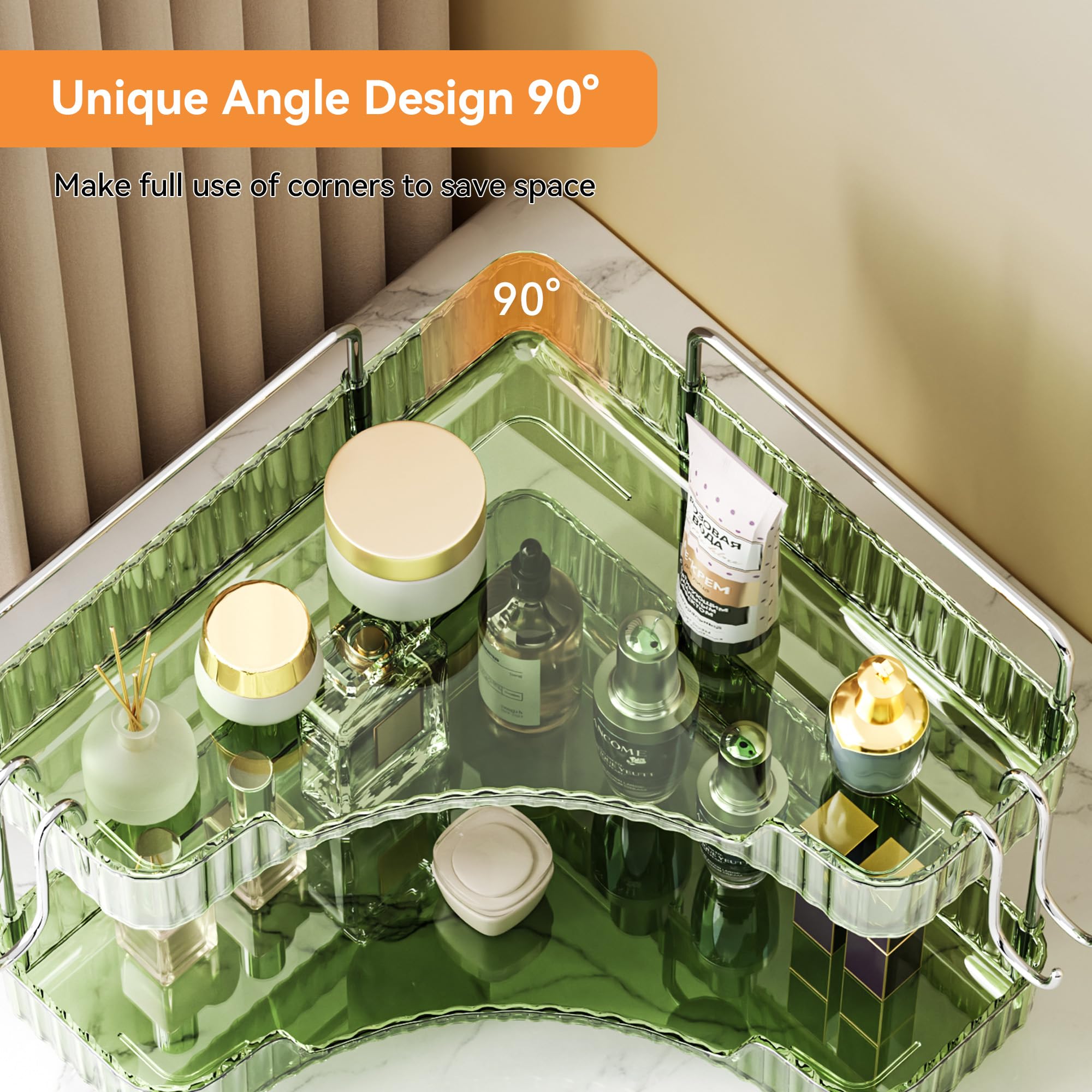 Kinkota 2 Tier Corner Bathroom Organizer Countertop, Plastic Bathroom Counter Organizer, Vanity Tray Sink Shelf With Hooks, For