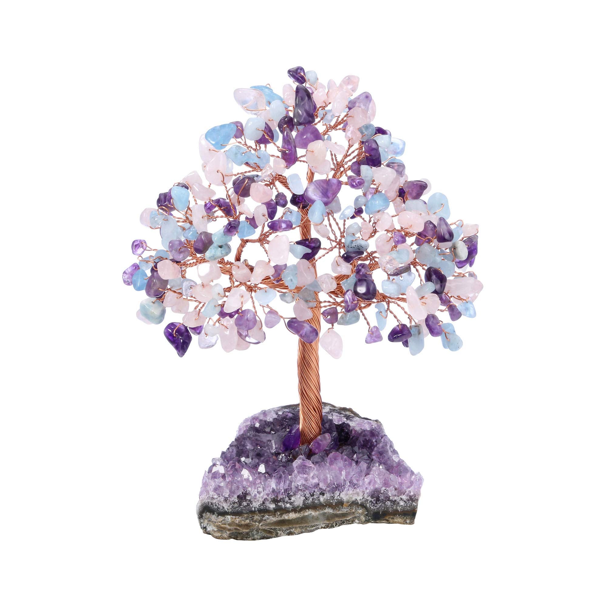 Jovivi Natural Amethyst + Aquamarine + Rose Quartz Healing Crystal Money Tree on Amethyst Cluster Geode Druzy Base Feng Shui Cry