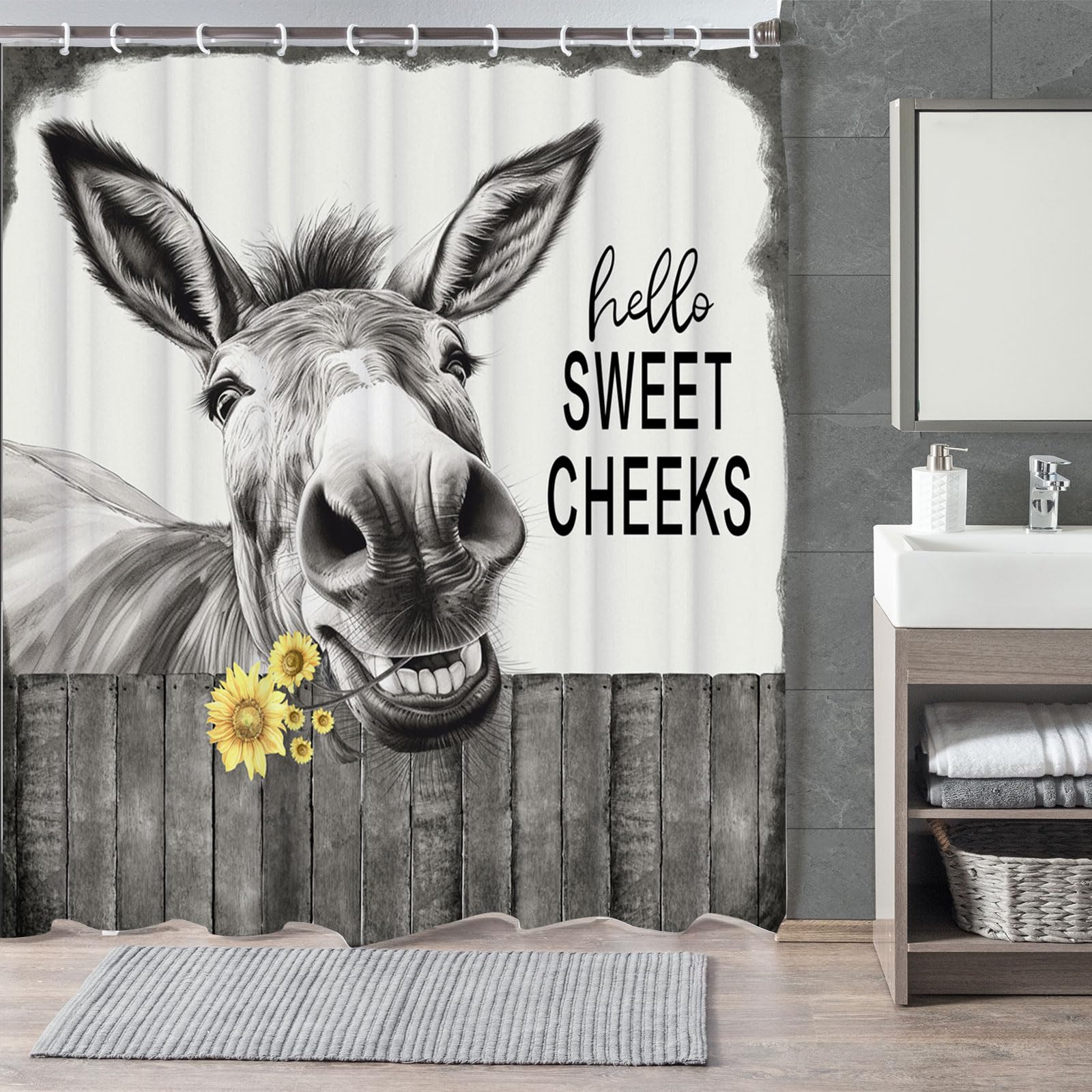 Lkfbsc Funny Donkey Shower Curtain, Black And White Farmhouse Farm Animal 36X72 Shower Curtain Set, Gray Hello Sweet Cheeks Rust