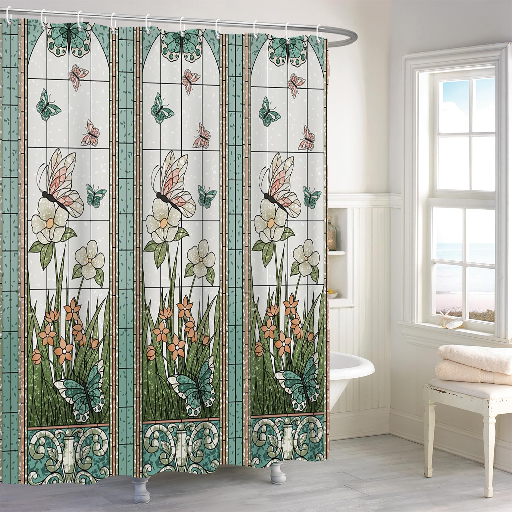 Yanutan Green Garden Shower Curtain, Colorful Butterfly Floral Shower Curtain Set For Bathroom, Modern Design Plant Fabric Bath