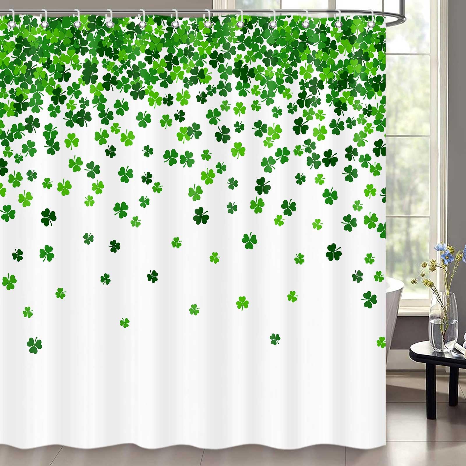 Icteisom St. Patrick'S Day Shower Curtain, Green Clover Shamrock Leaf Decor Fabric Shower Curtains, Irish Green White Bathroom S