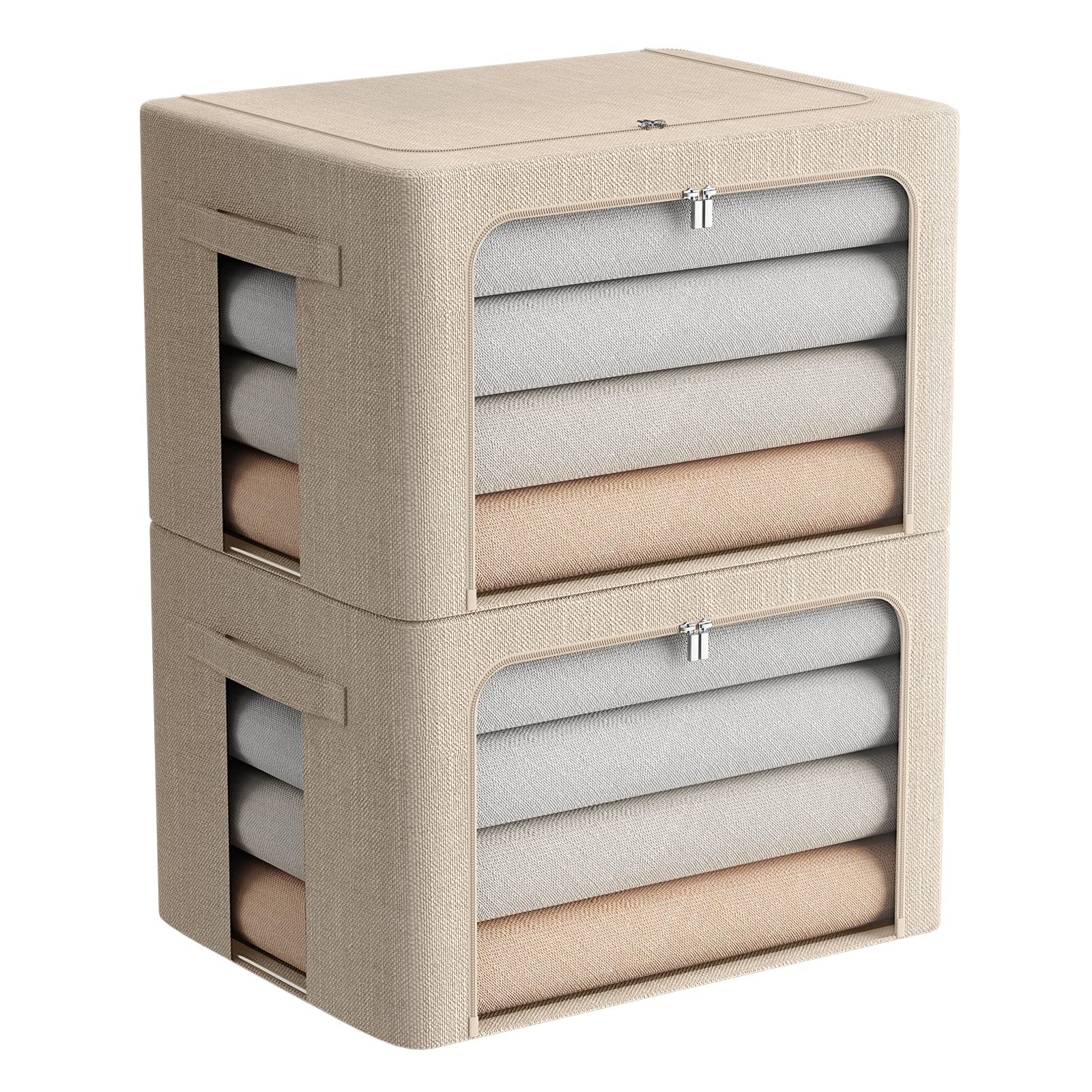 2 Pack Clothes Storage Bins - Stackable Metal Frame Storage Box Foldable Linen Fabric Box Organizer with Carrying Handles and Cl
