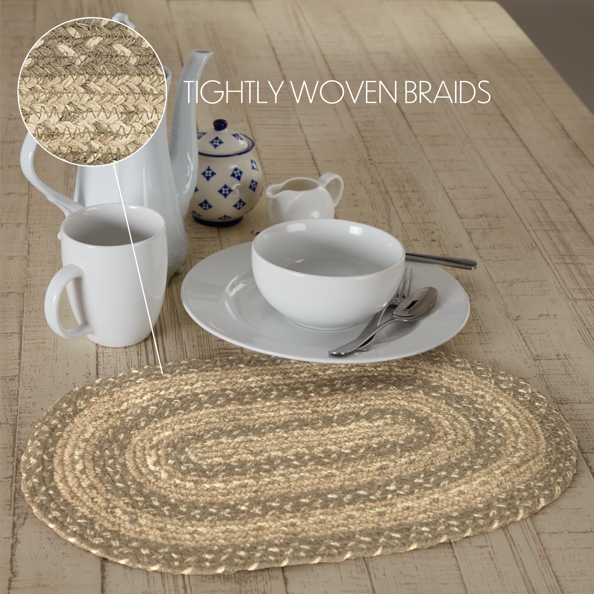 Vhc Brands Farmhouse Cobblestone Table Placemat, Tan Grey White, Jute Blend, Oval, 12X18 Inches