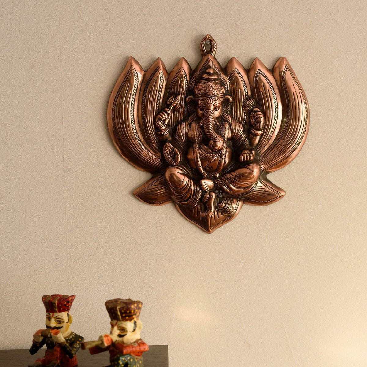 Ecraftindia Lord Ganesha On Lotus Metal Wall Hanging (33 Cm X 3 Cm X 32 Cm, Brown)