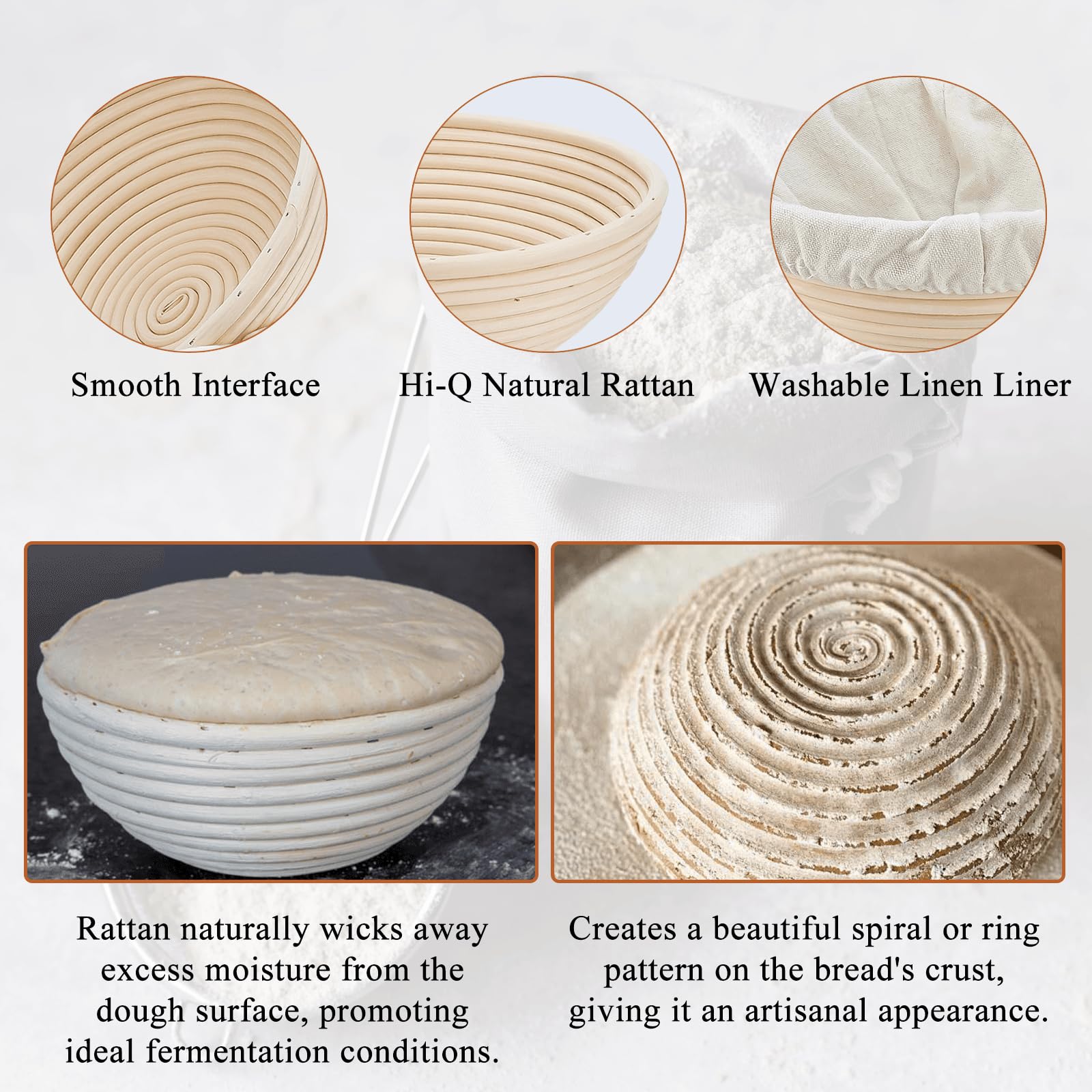 Snaildigit Banneton Bread Proofing Basket Set Of 2: 9 Inch Round Sourdough Proofing Bowls For Artisan Bread Making For Professio