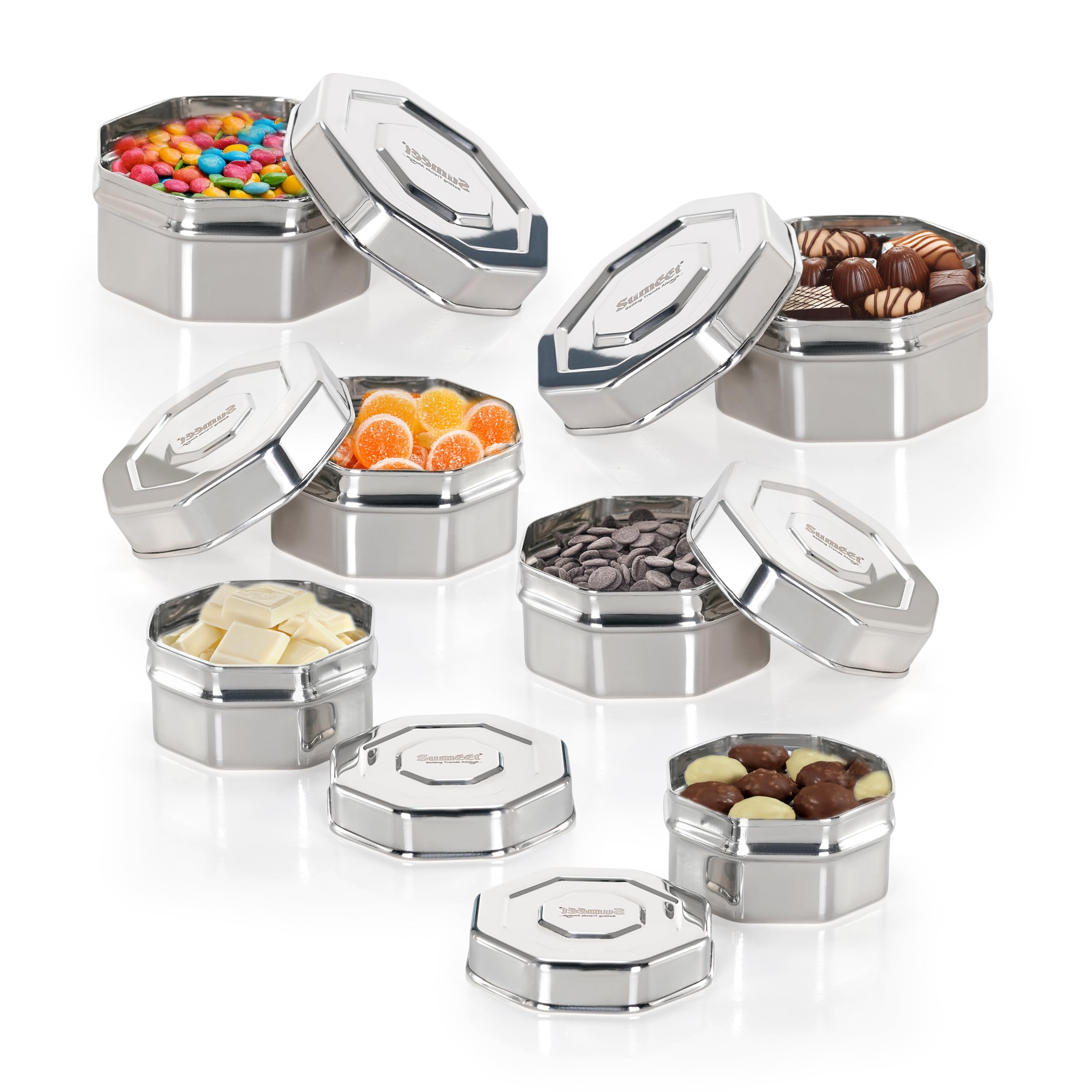 Sumeet Isi Certified Stainless Steel Hexagon Shape Small Canisters Dabba Storage Containers For Kitchen  Set Of 6  210Ml. 270Ml  380Ml - Silver