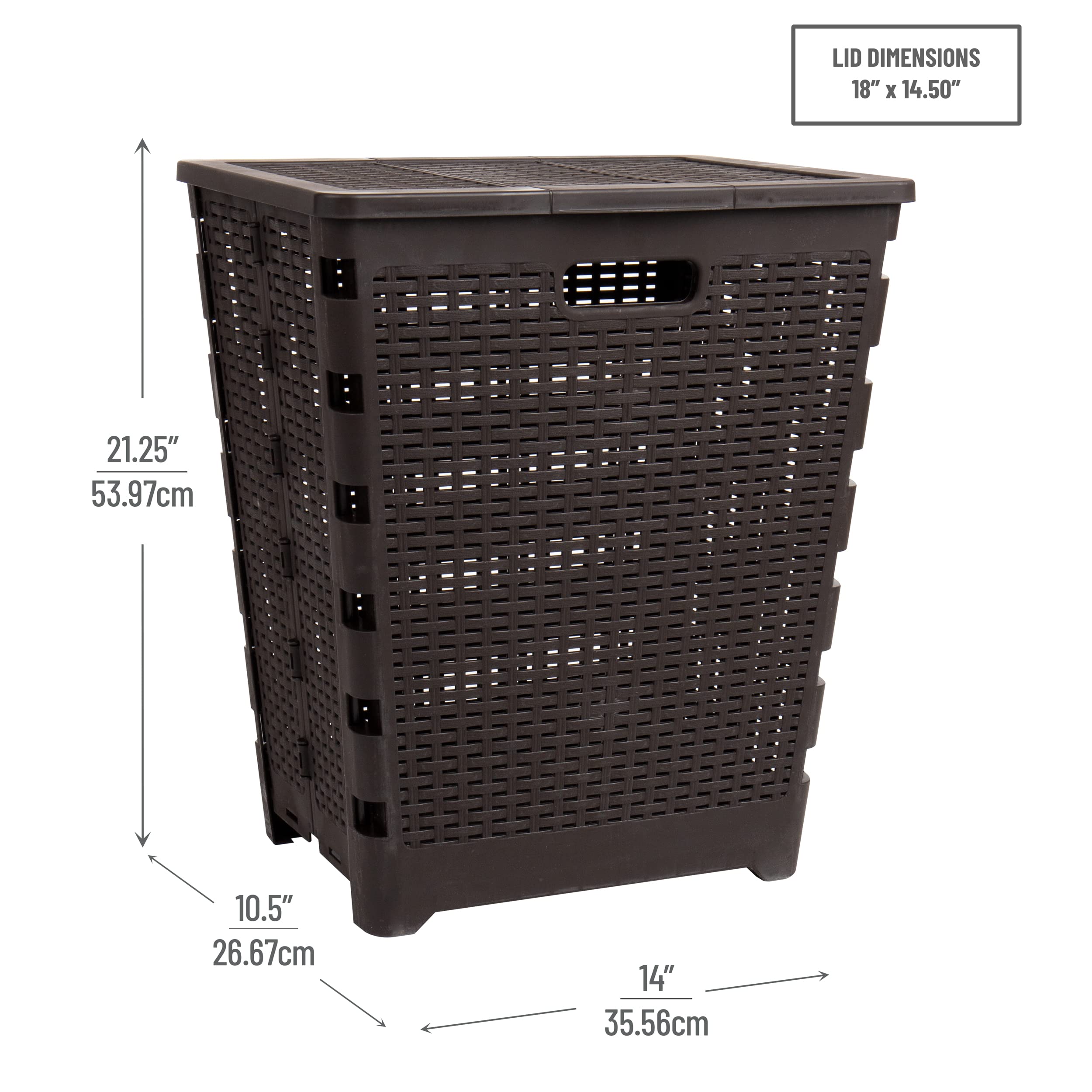 Mind Reader 61L Foldable Laundry Hamper, Clothes Basket, Lid, Wicker Design, Plastic, 18''L X 14.5''W X 21.25''H, Brown
