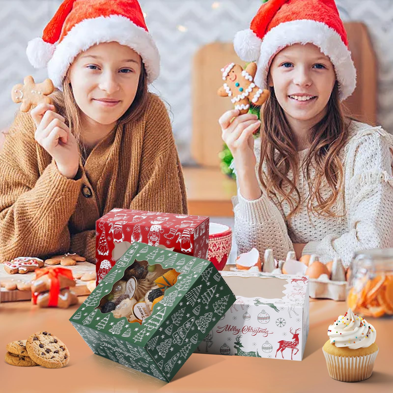 COTOPHER 30Pcs Christmas Cookie Boxes for Gift Giving, 6x6x3 inch Bakery Box with Window, Xmas treat Boxes for Holiday Party Fav