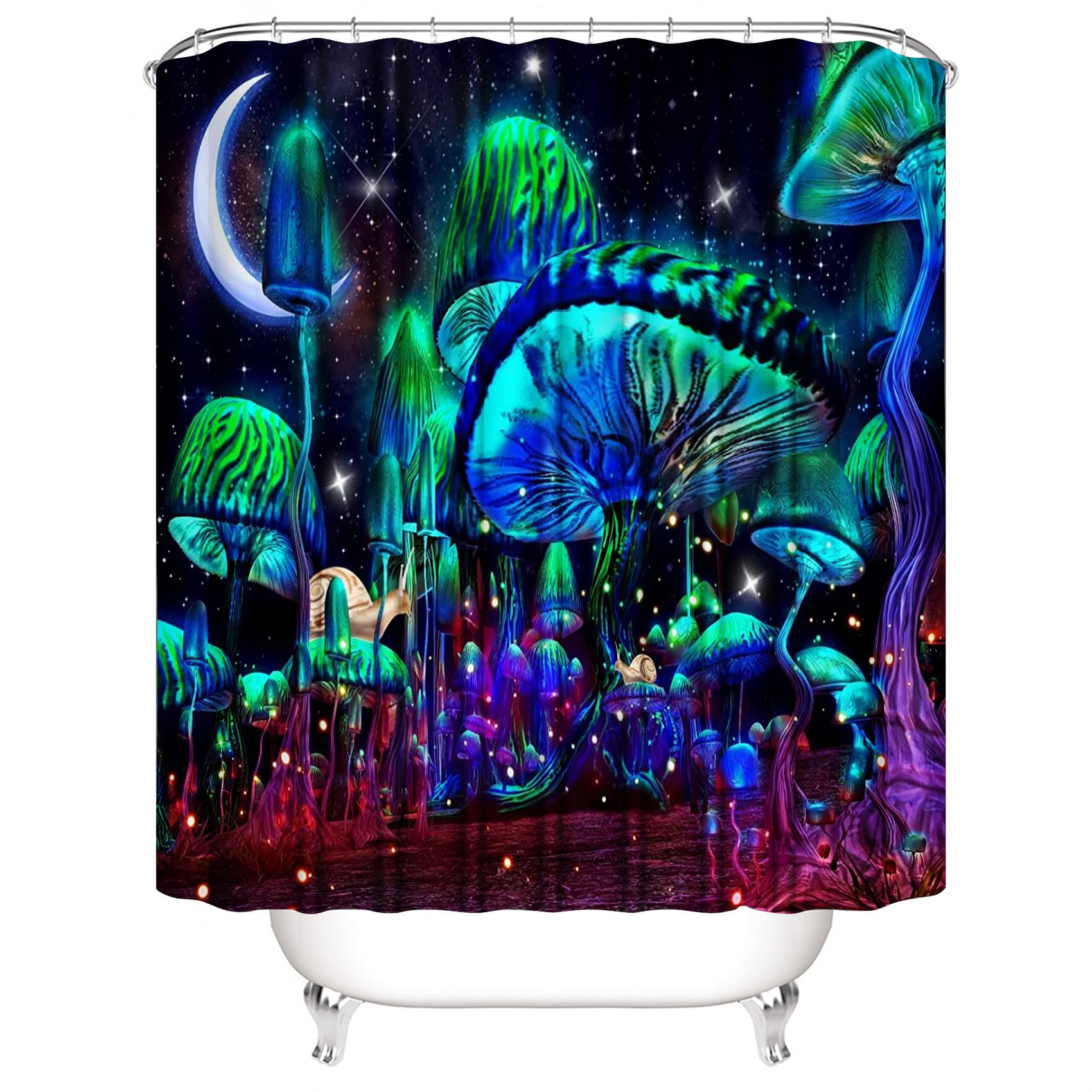 Jieprom 4Pcs Mushroom Bathroom Shower Curtain Set With Rugs, Toilet Lid Cover And Bath Mat, Moon And Stars With 12 Hooks, Durabl