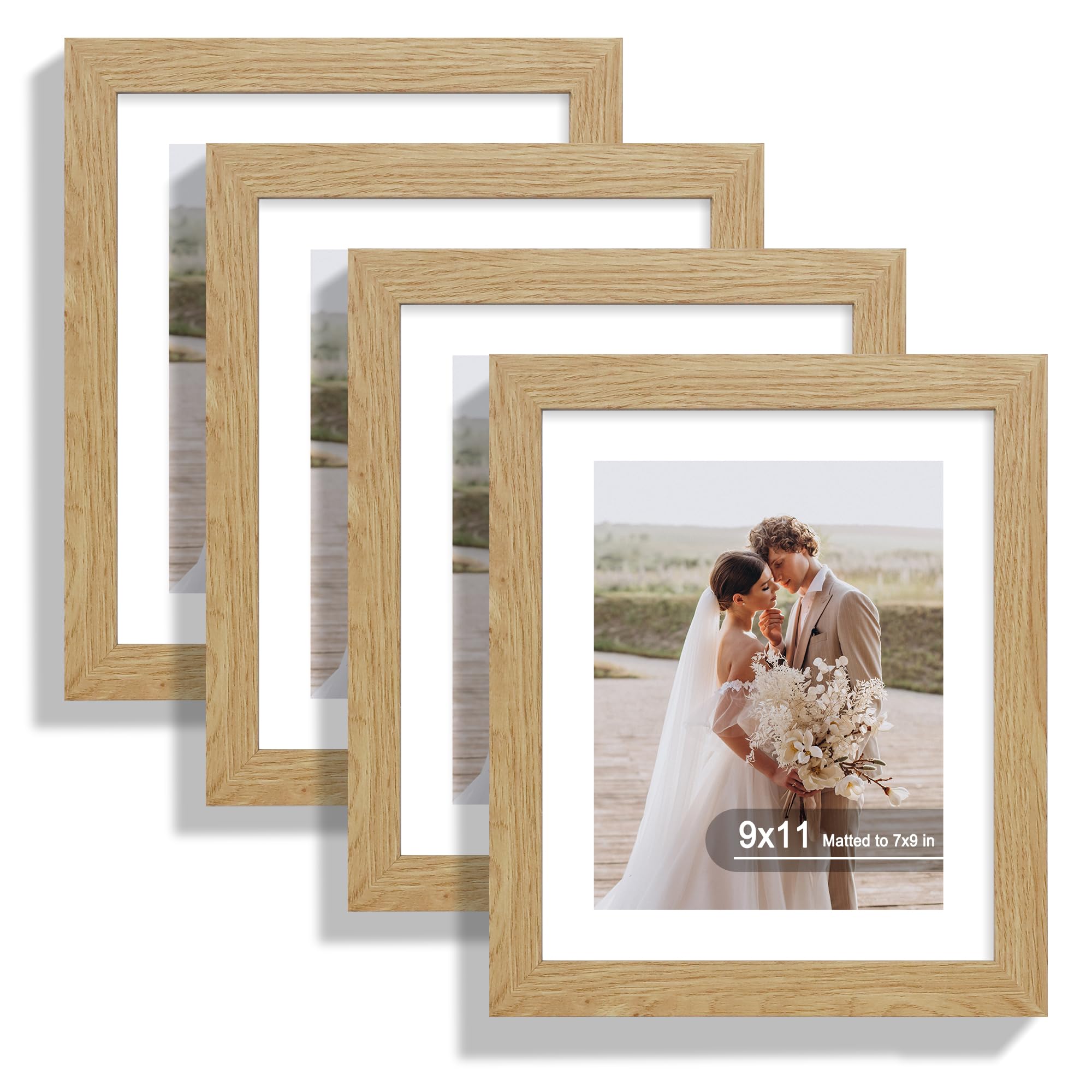 Hongkee 9x11 Picture Frame Set of 4, Made of Real Glass and Natural Oak Frame - Display Picture 7x9 with Mat or 9x11 Without Mat