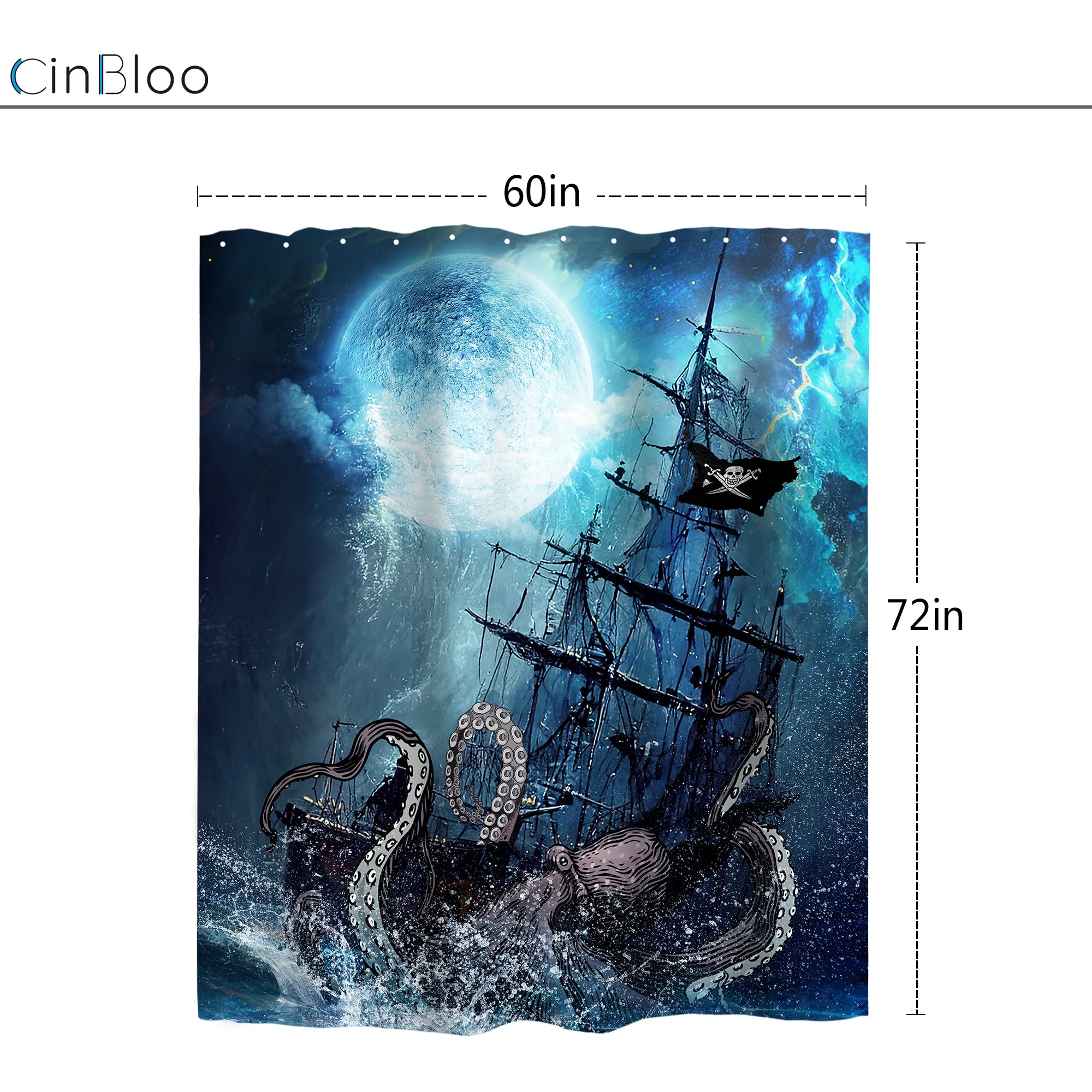 Cinbloo Navy Blue Octopus Beach Shower Curtain Nautical Kraken Anime Pirate Ship Kids Bathroom Curtain Set Sea Wave Sailboat Got