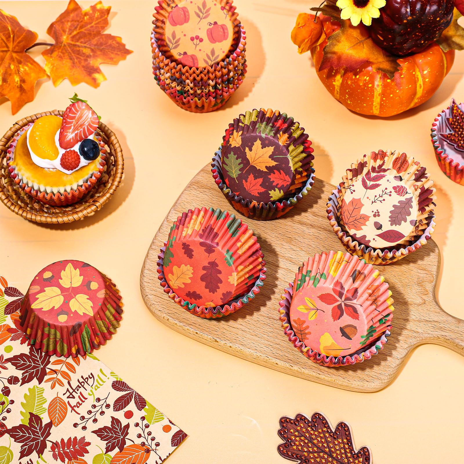 Whaline 600Pcs Fall Thanksgiving Cupcake Liners Maple Leaf Pumpkin Acorn Baking Cups Autumn Muffin Baking Liners For Birthday Pa