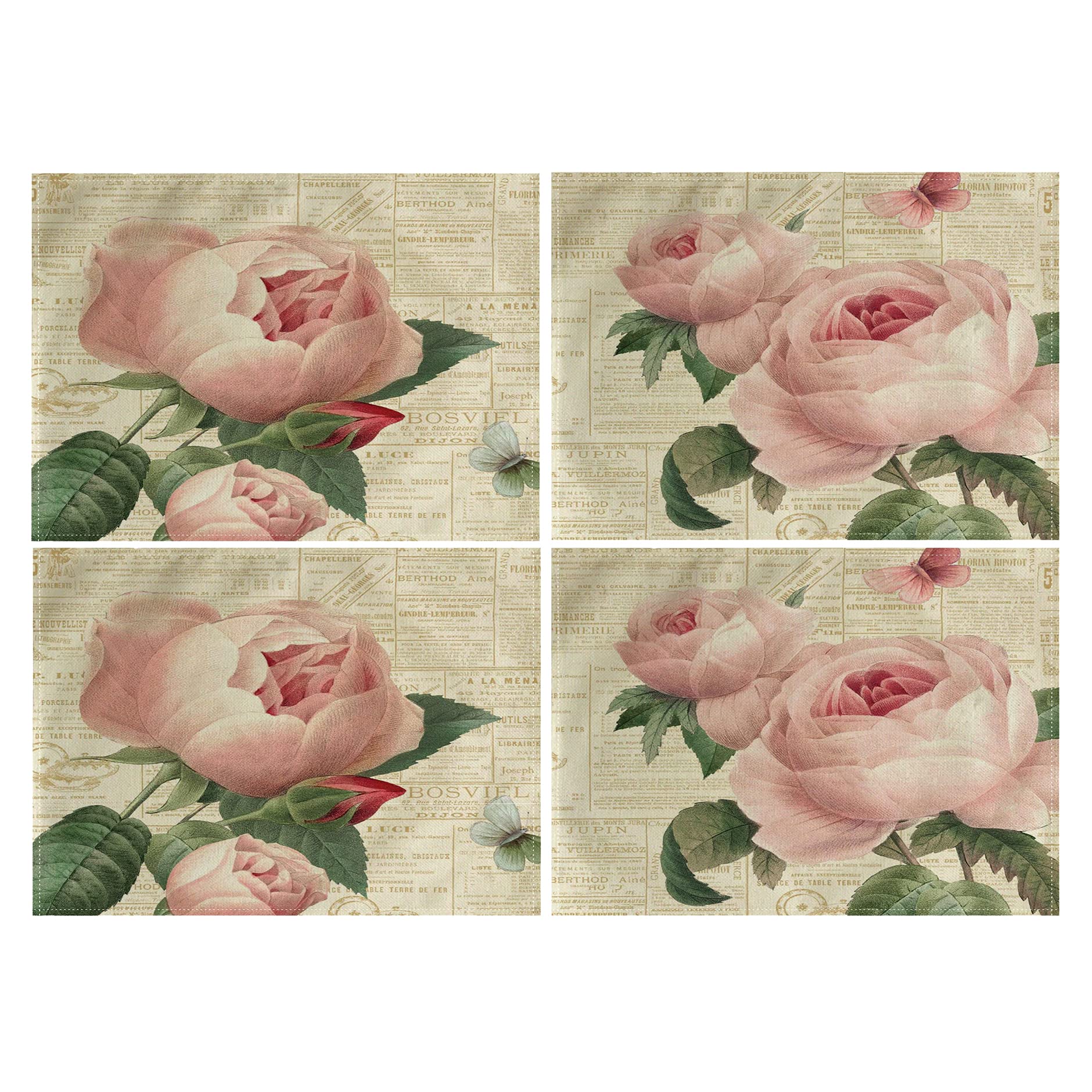 Rose Flower Table Mats Set Of 4 Vintage Shabby Chic Peach Pink Rose Floral Placemats Waterproof Heat Resistant Washable Non-Slip
