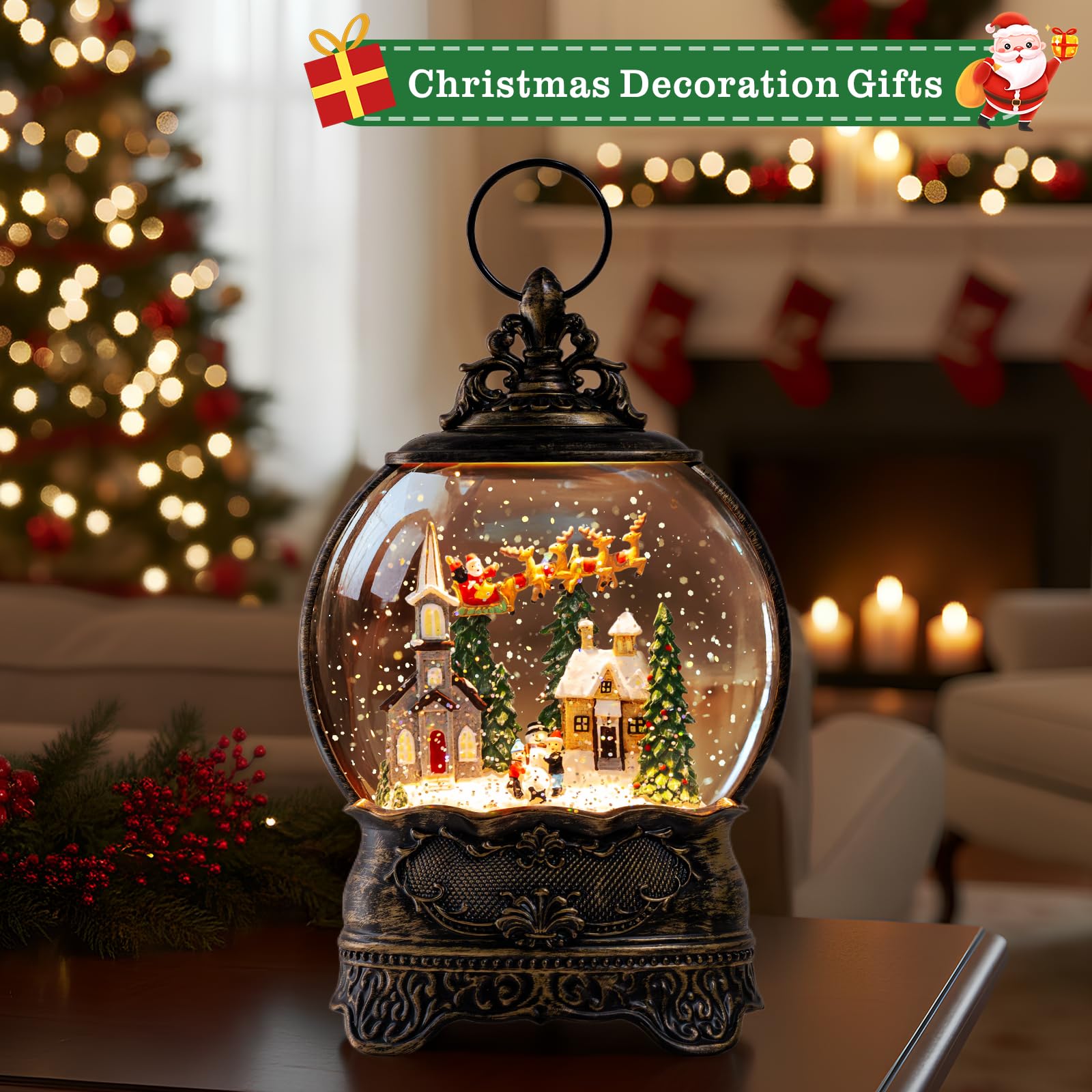 Christmas Snow Globes Lantern Snow Globe with Music Water Lantern Santa Flying Scene Elk Lighted Swirling Water Glitters Snowglo