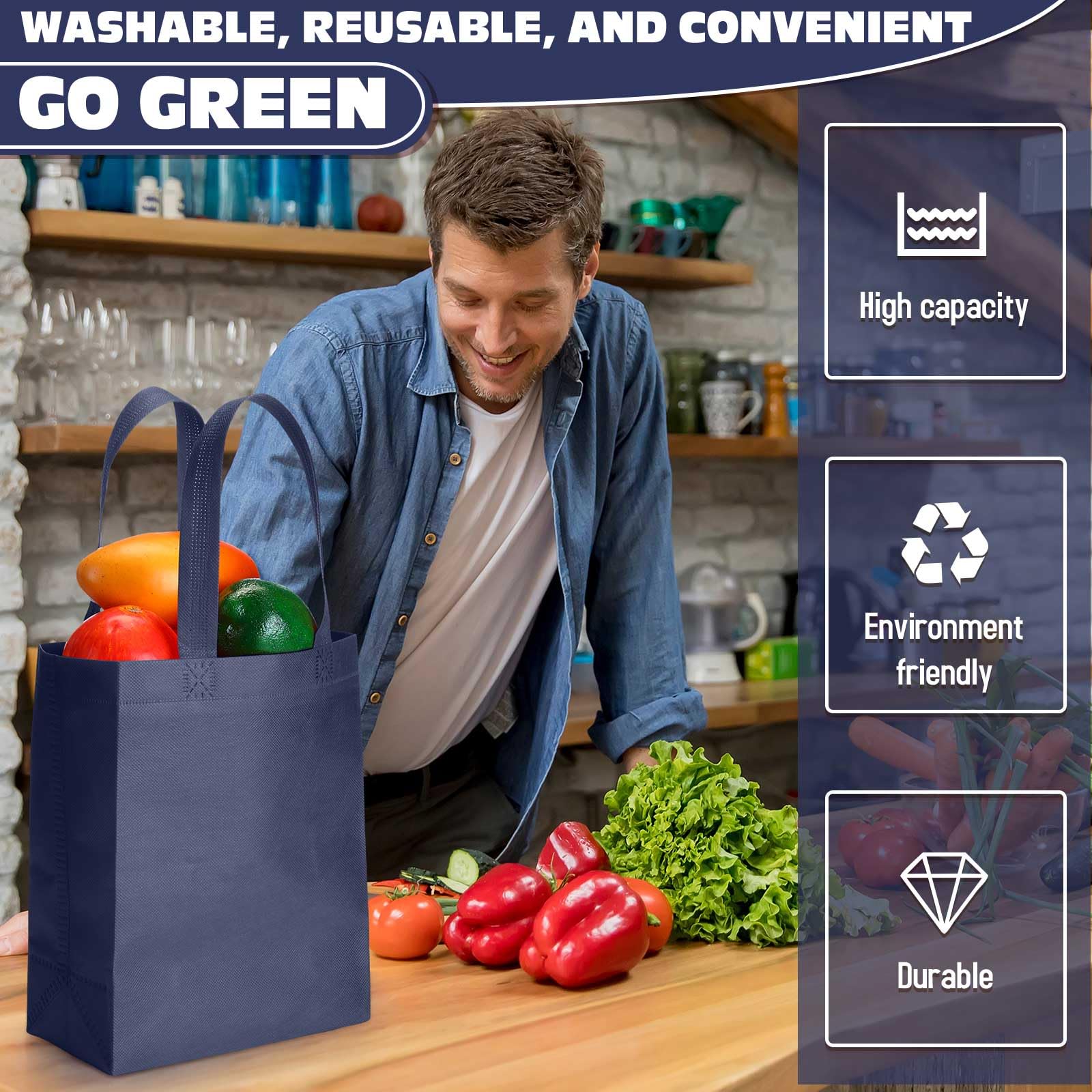 Windyun 100 Pcs Reusable Tote Bag Bulk 8 x 4 x 10 Inch Non Woven Shopping Bag with Handle Reusable Grocery Gift Tote (Navy Blue)