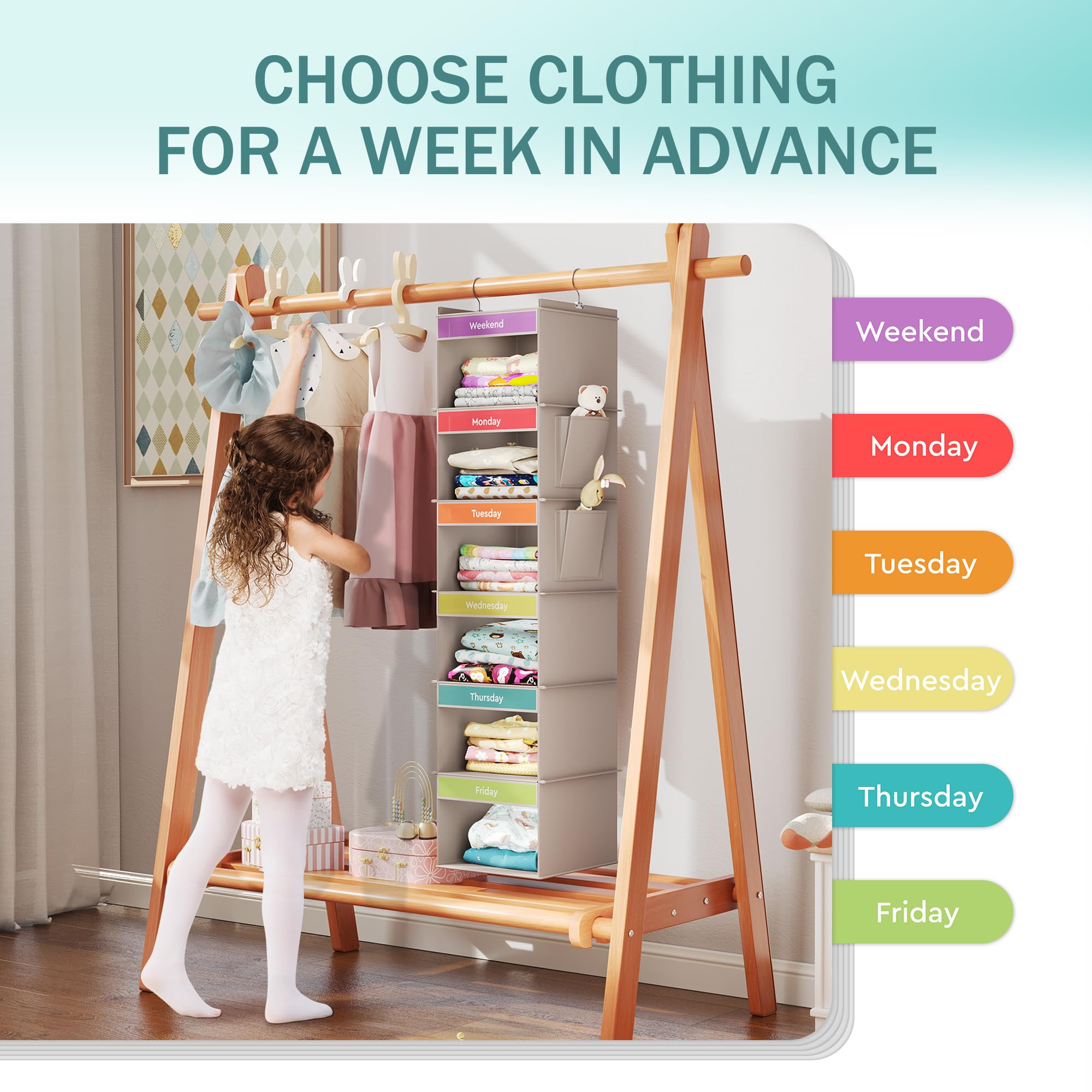 Youdenova 6-Shelf Weekly Hanging Closet Organizer, Weekly Clothes Organizers For Kids With 2 Side Pockets, Light Grey