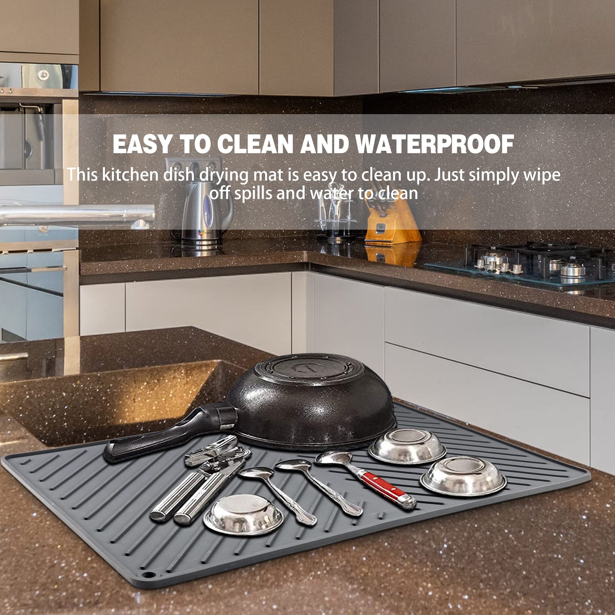 Iyyi Silicone Dish Drying Mat Xl(24'' X 15'') Dish Draining Mat For Kitchen Counter, Easy Clean, Heat Resistant, Large Drainer M