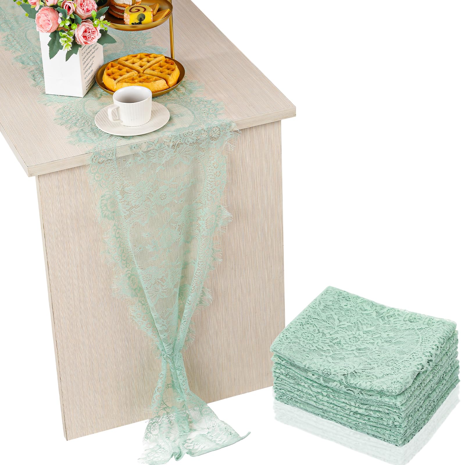 Newwiee 10 Pcs Sage Green Lace Table Runner 14 x 120 Inch Embroidered Floral Table Runner Boho Romantic Gauze TableCloths for We