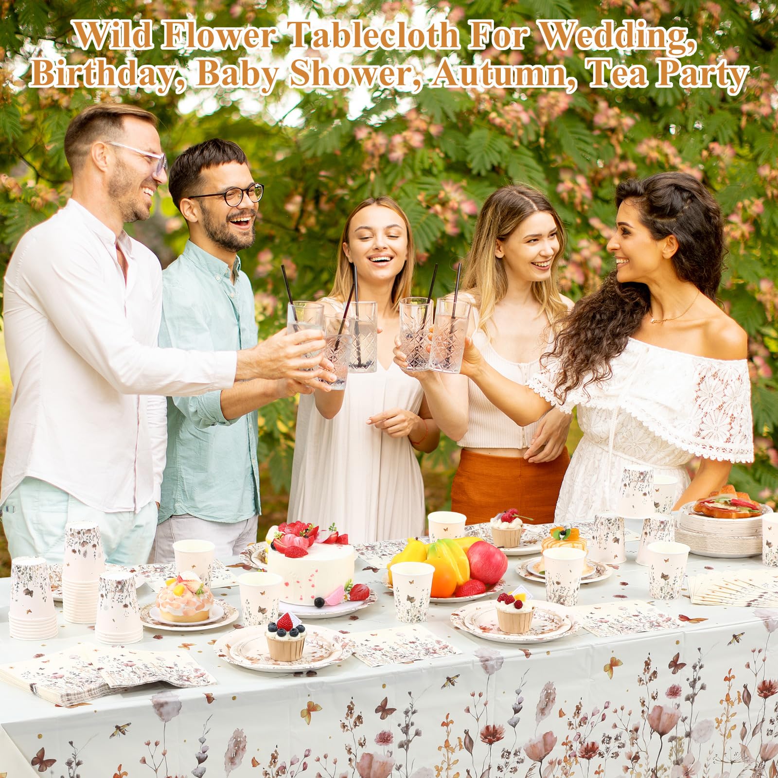 Layhit 202 Pcs Fall Floral Party Decoration Autumn Orange Flower Paper Plates Napkins Cups Butterfly Wildflower Tablecloth for A