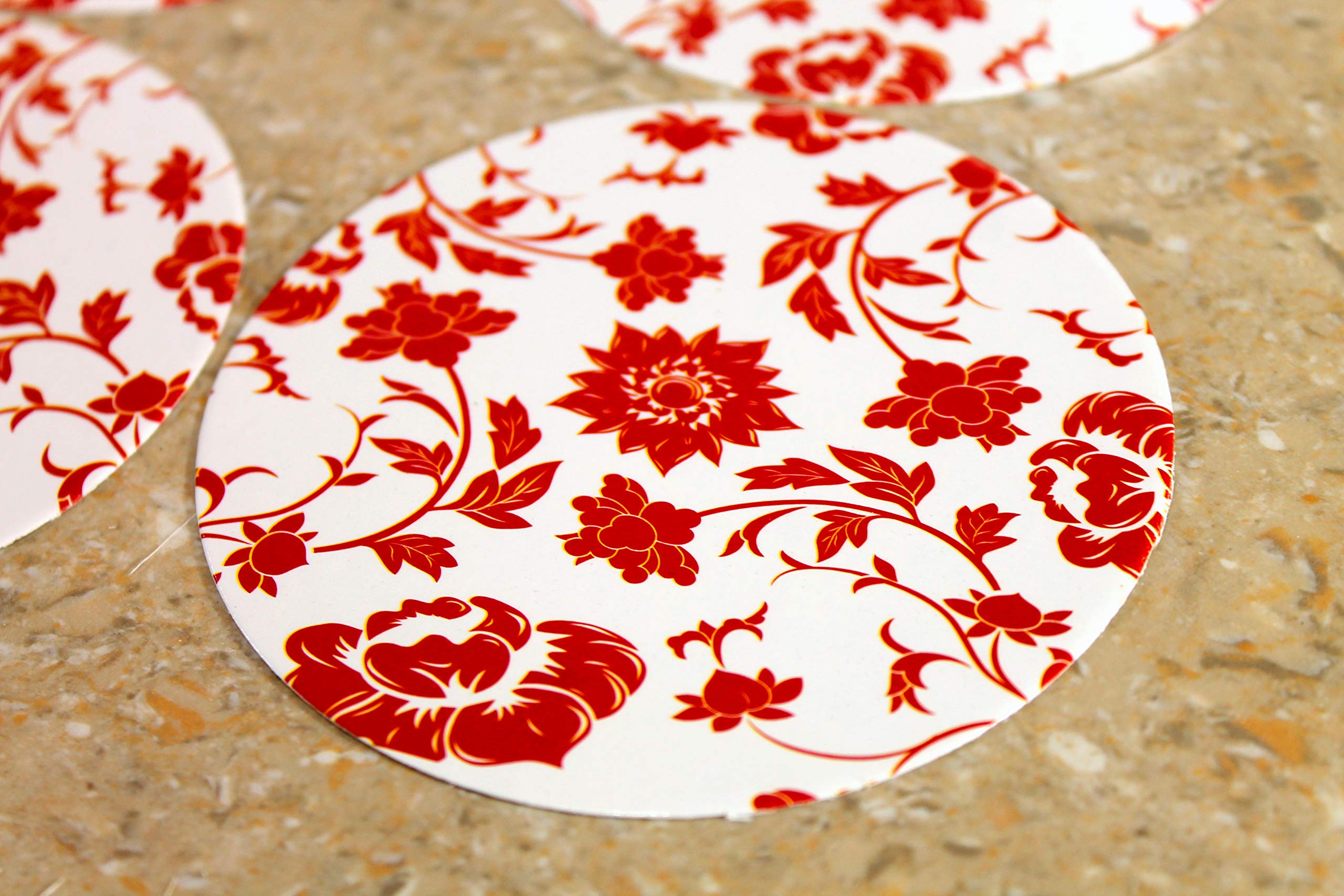 Esplanade Disposable Printed Paper Coasters - Use And Throw Reversible Round Paper Coasters - Set Of 100 - Red Floral