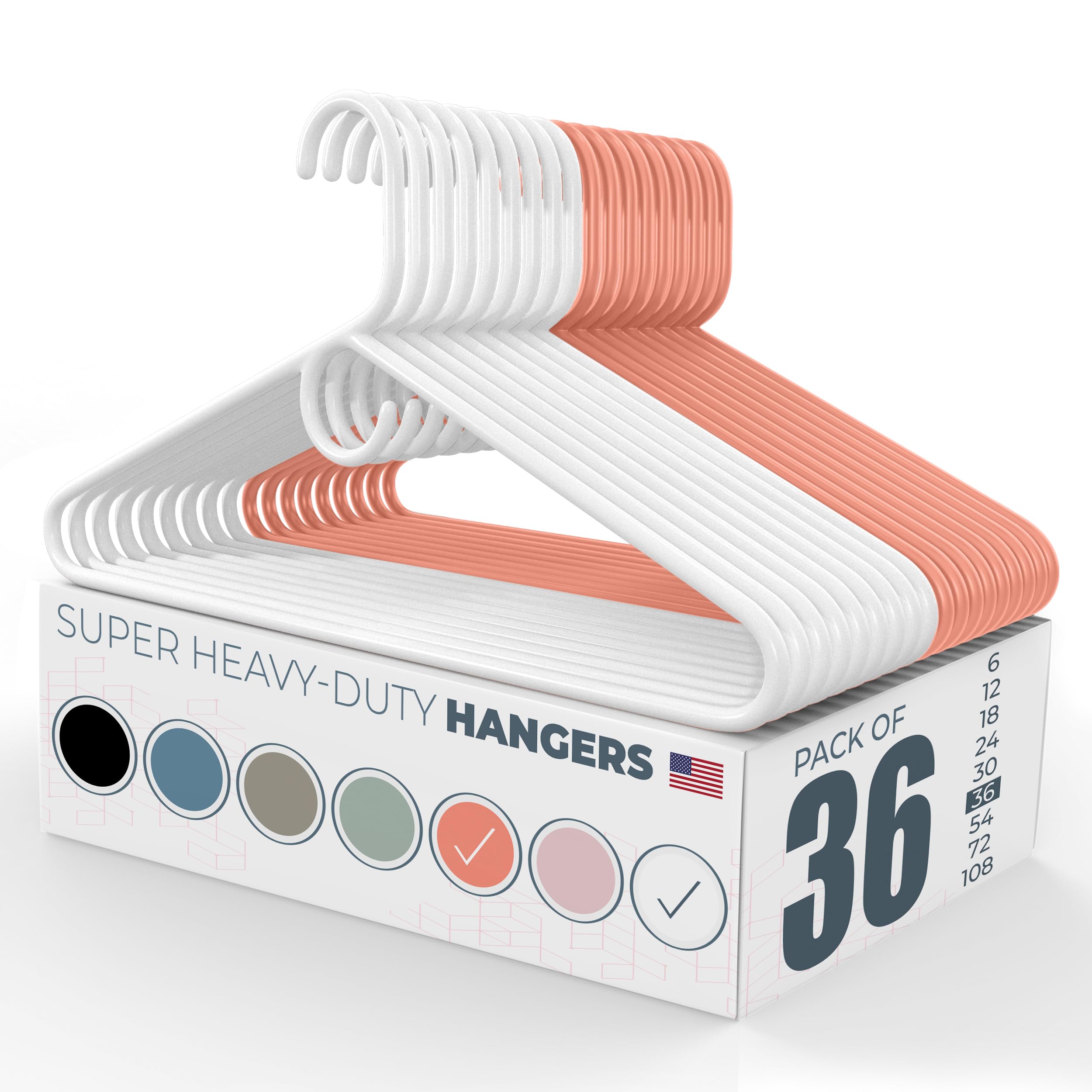 36Pk Made In Usa Super Heavy Duty Plastic Clothes Hangers Bulk, 20 30 50 100 Pack Available, Strong Plastic Hangers, Plastic Coa