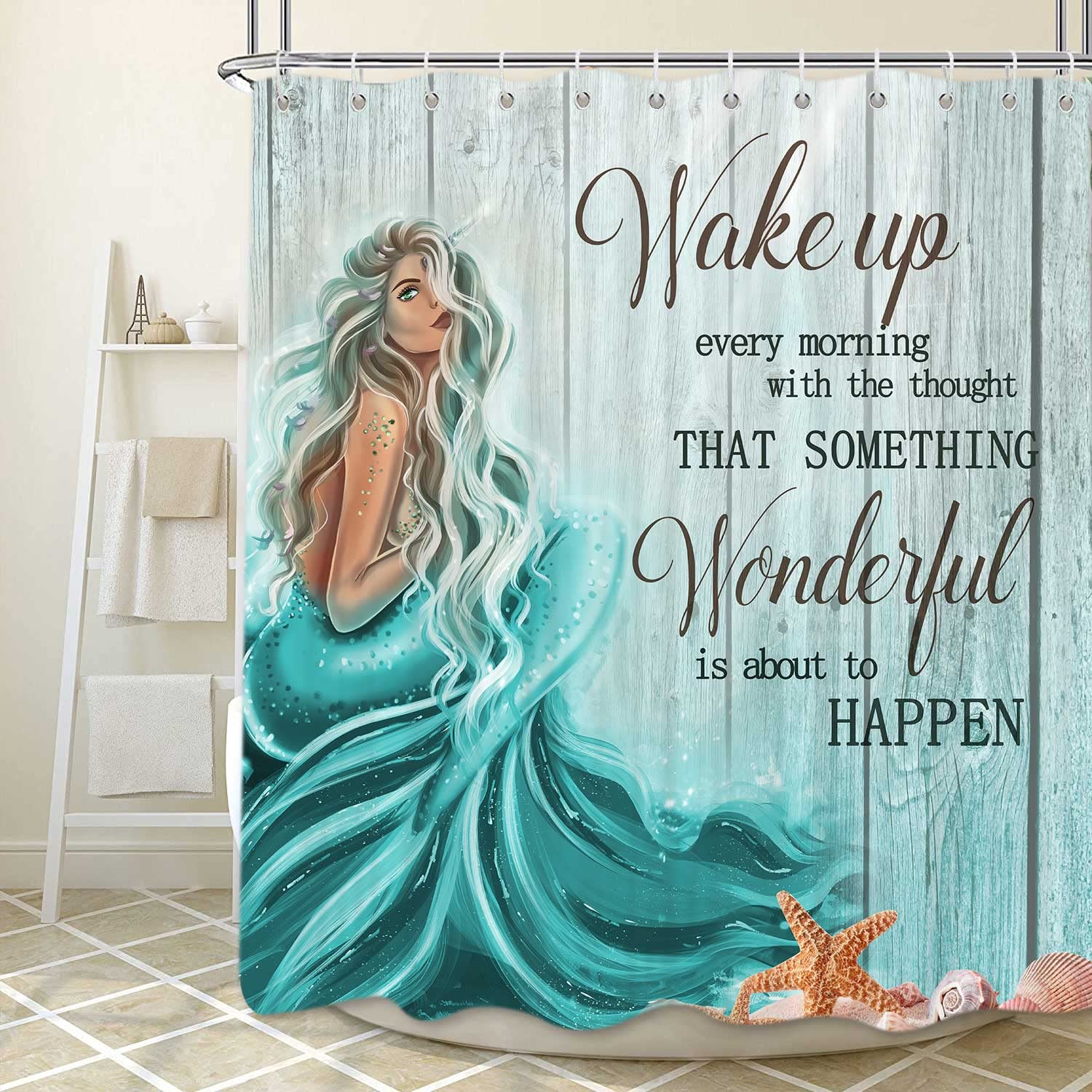 Teal Mermaid Shower Curtain, Mermaid Tail Quote Inspirational Fabric Shower Curtains Set For Little Girls Women Bathroom, Nautic