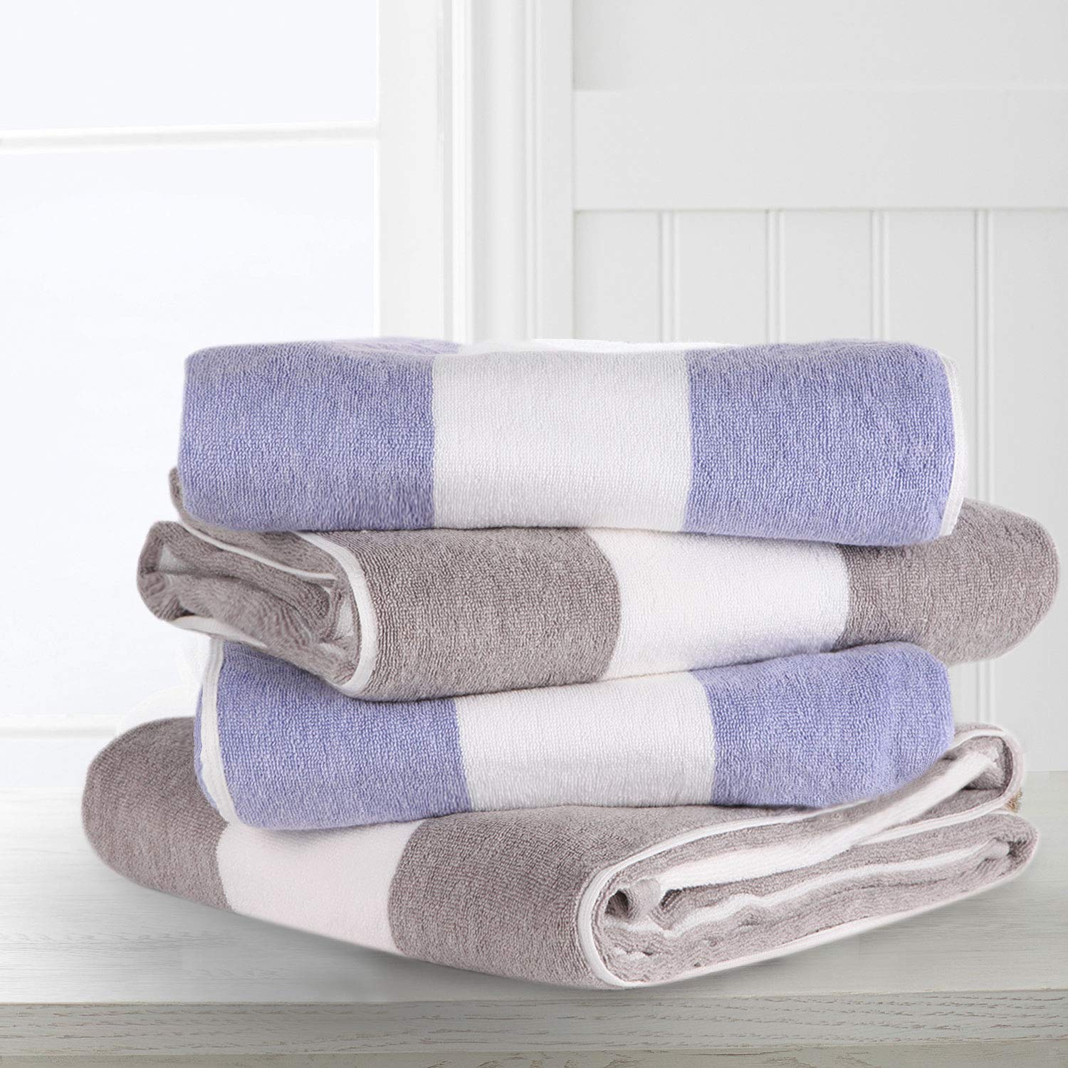 Clowood Plush Oversized Beach Towel - Cotton 40 X 72 Inch Large Thick Blue Striped Cabana Pool Swimming Towel