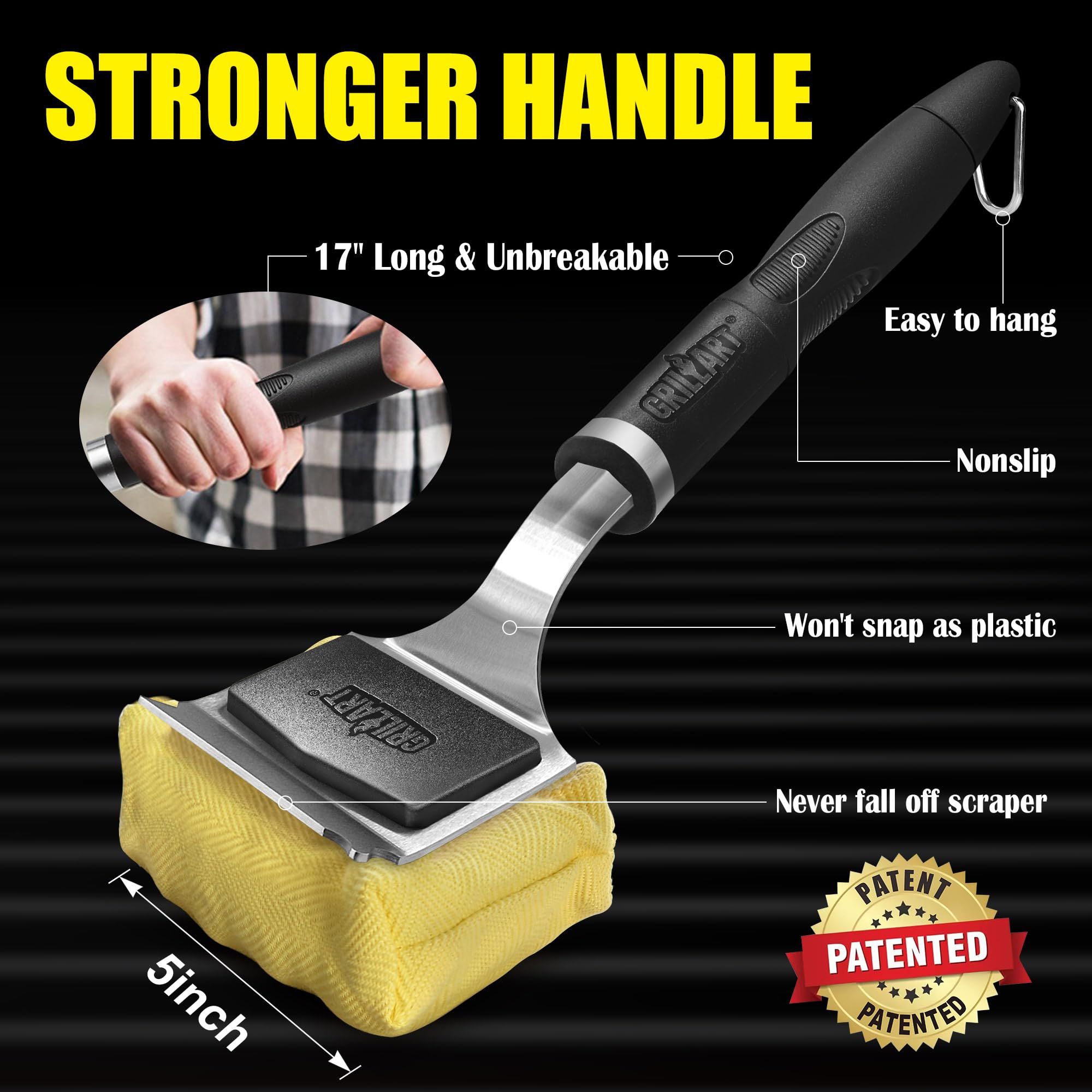 GRILLART Grill Brush - Bristle Free BBQ Cleaner, Reinforced Scraper, High-Strength Stelfyber, Black, Replaceable Head, Model BT-CB