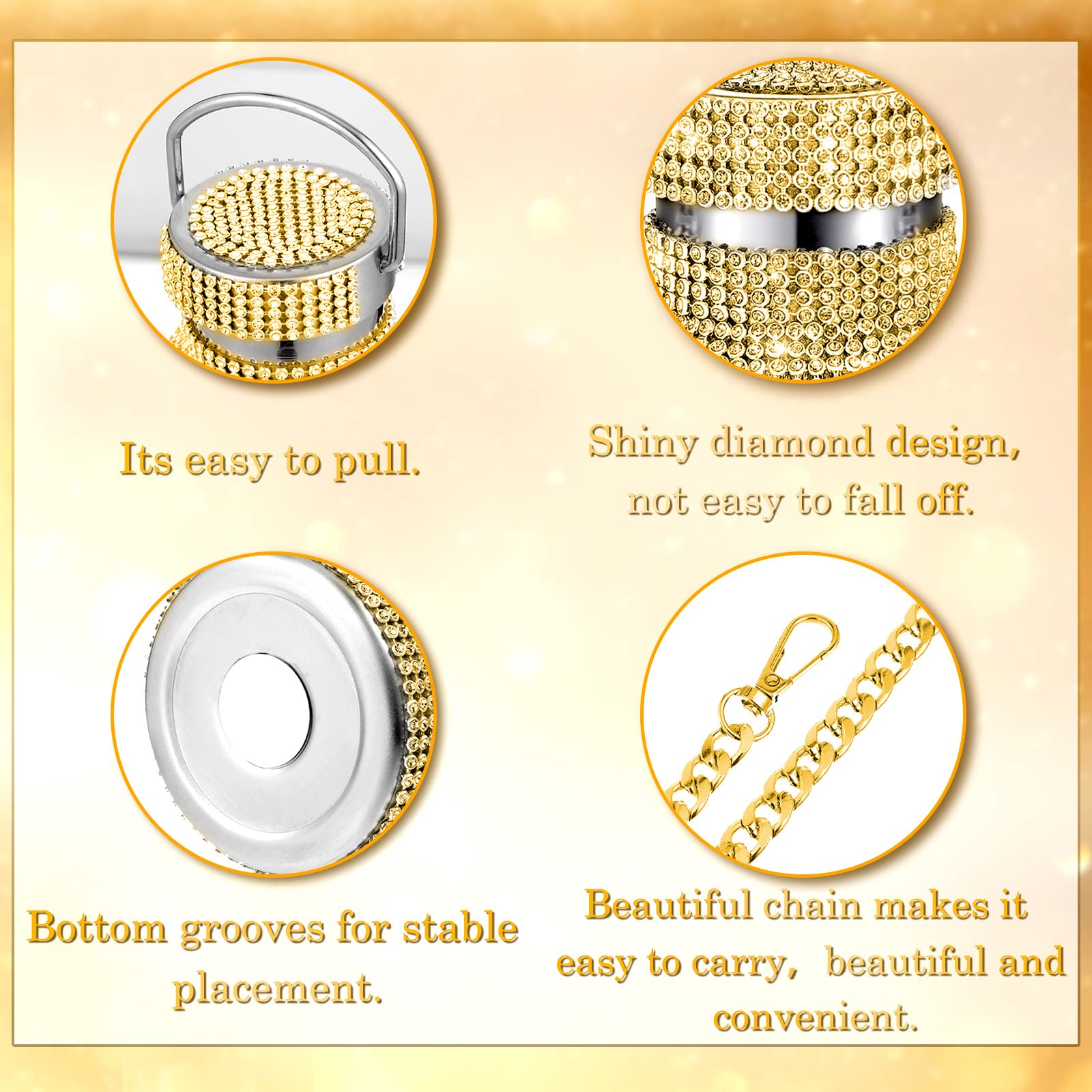 Diamond Water Bottle Bling Rhinestone Stainless Steel Thermal Refillable Insulated Glitter With Chain For Women Girls Gifts (Gol