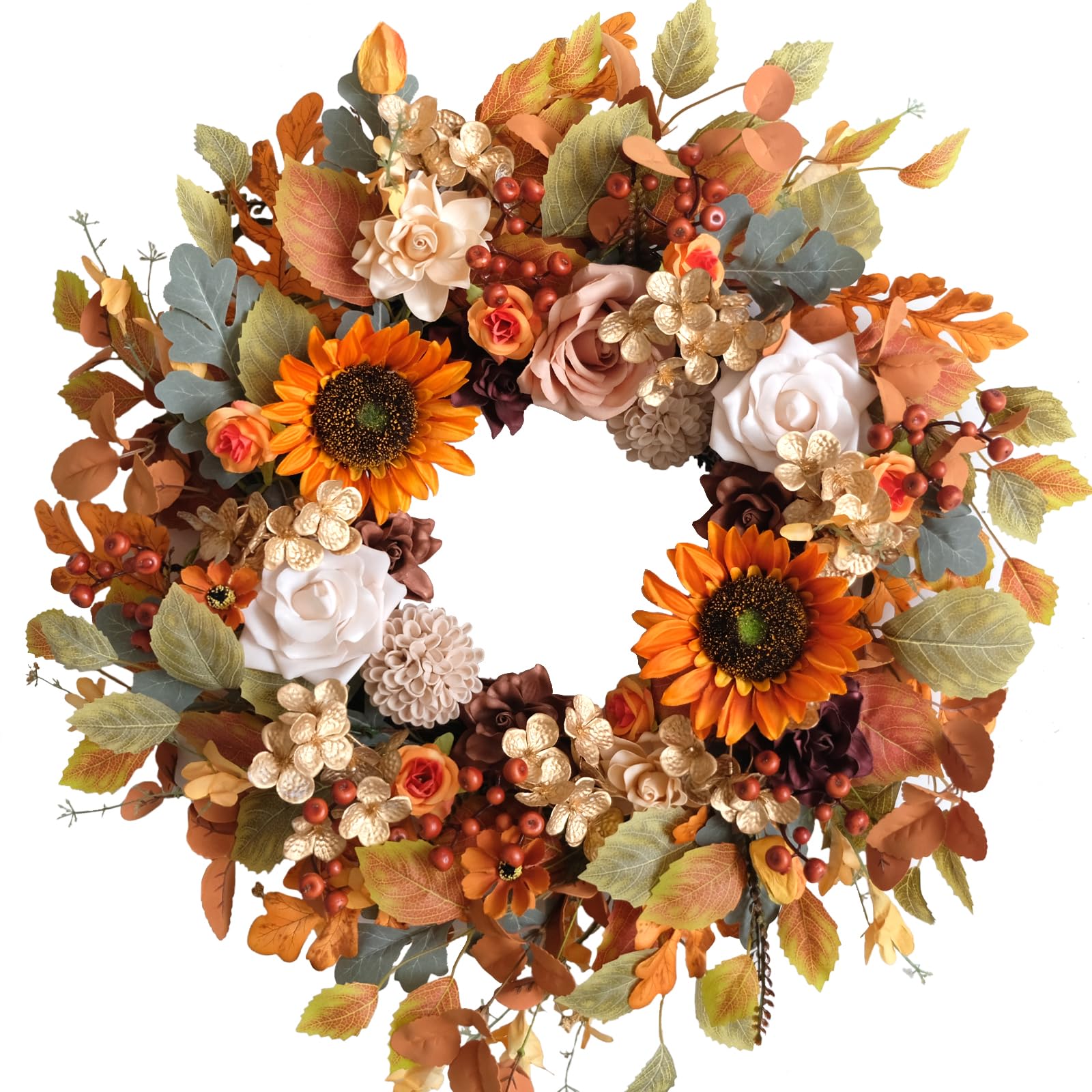 22 Inch Fall Wreaths for Front Door Artificial Flower Wreath with Sunflowers Leaves Large Autumn Farmhouse Wreath for Inside Out